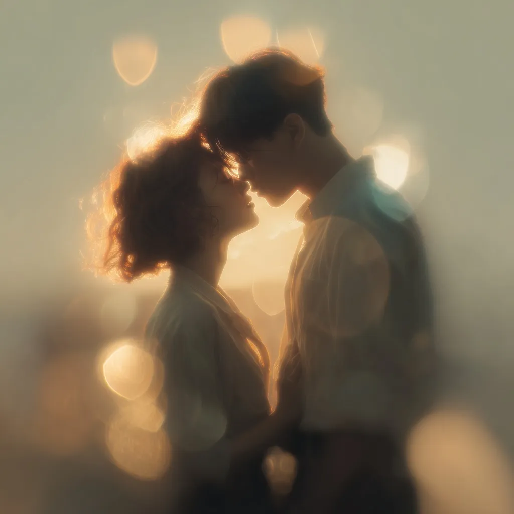 A dreamy modern couple kissing during a golden sunset with soft-focus heart-shaped bokeh, vertical 9:16 portrait.