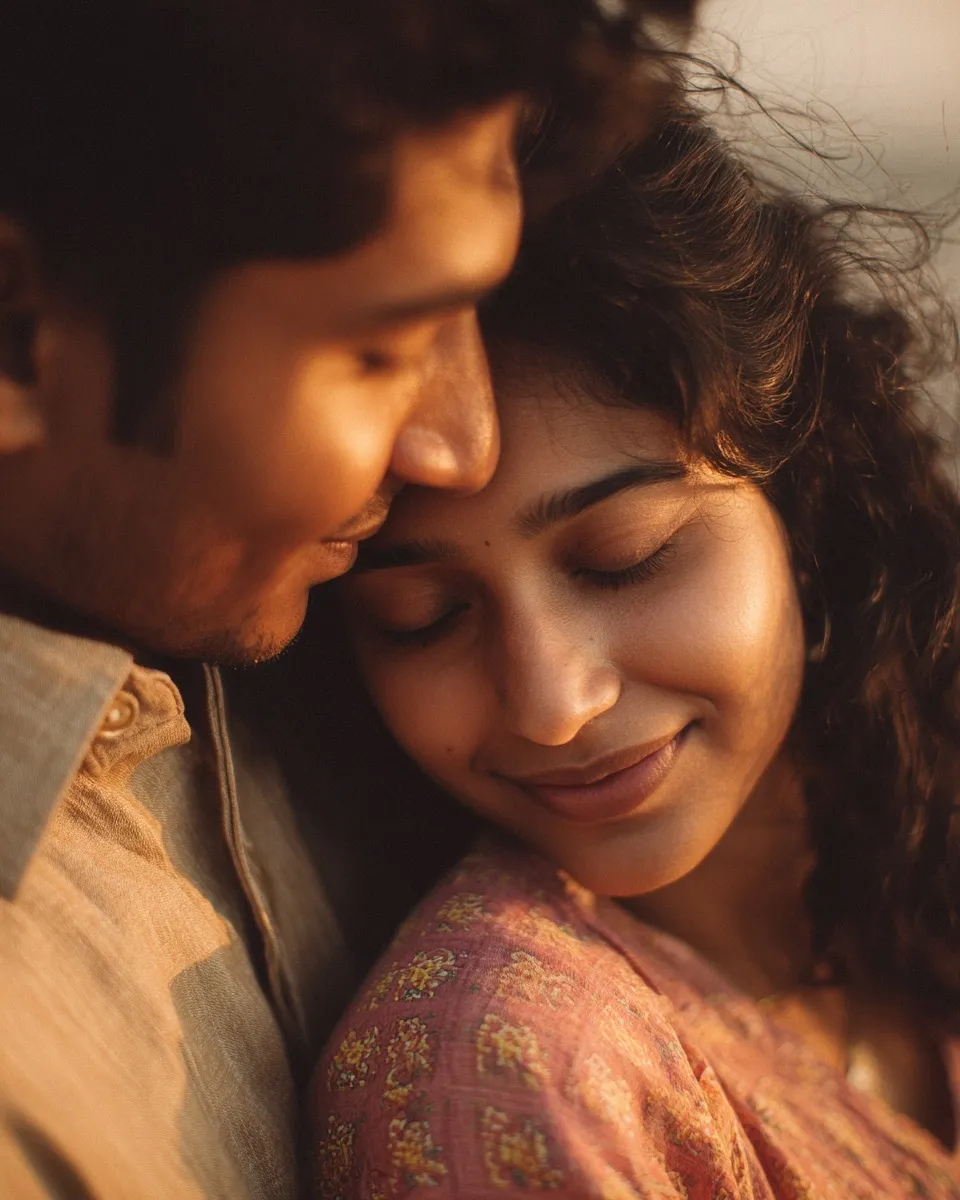 A romantic Bangladeshi couple sharing an intimate embrace in golden hour light with a soft, cozy bokeh background.