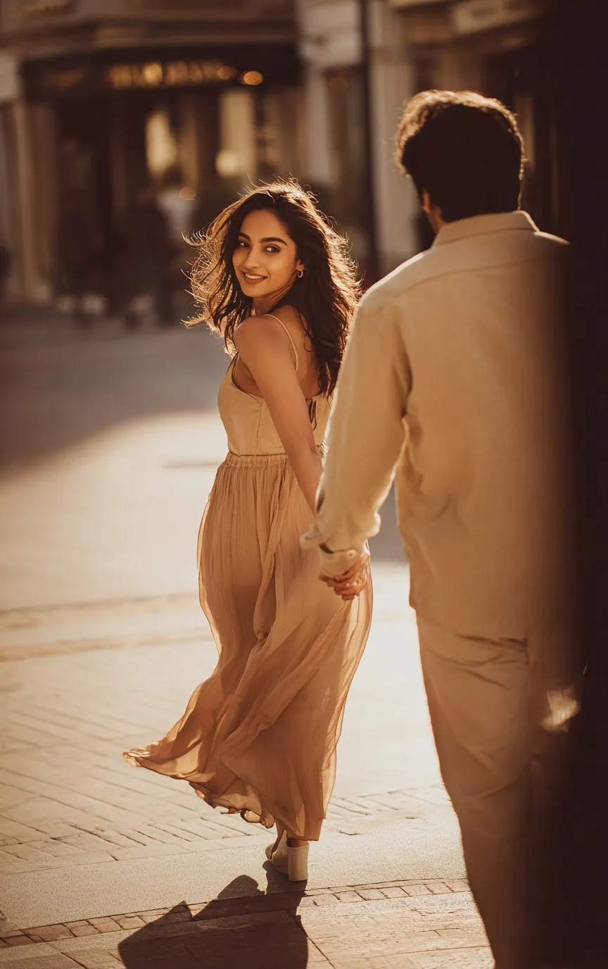 Indian couple walking hand in hand on an upscale city street at golden hour, woman looking back with a smile.