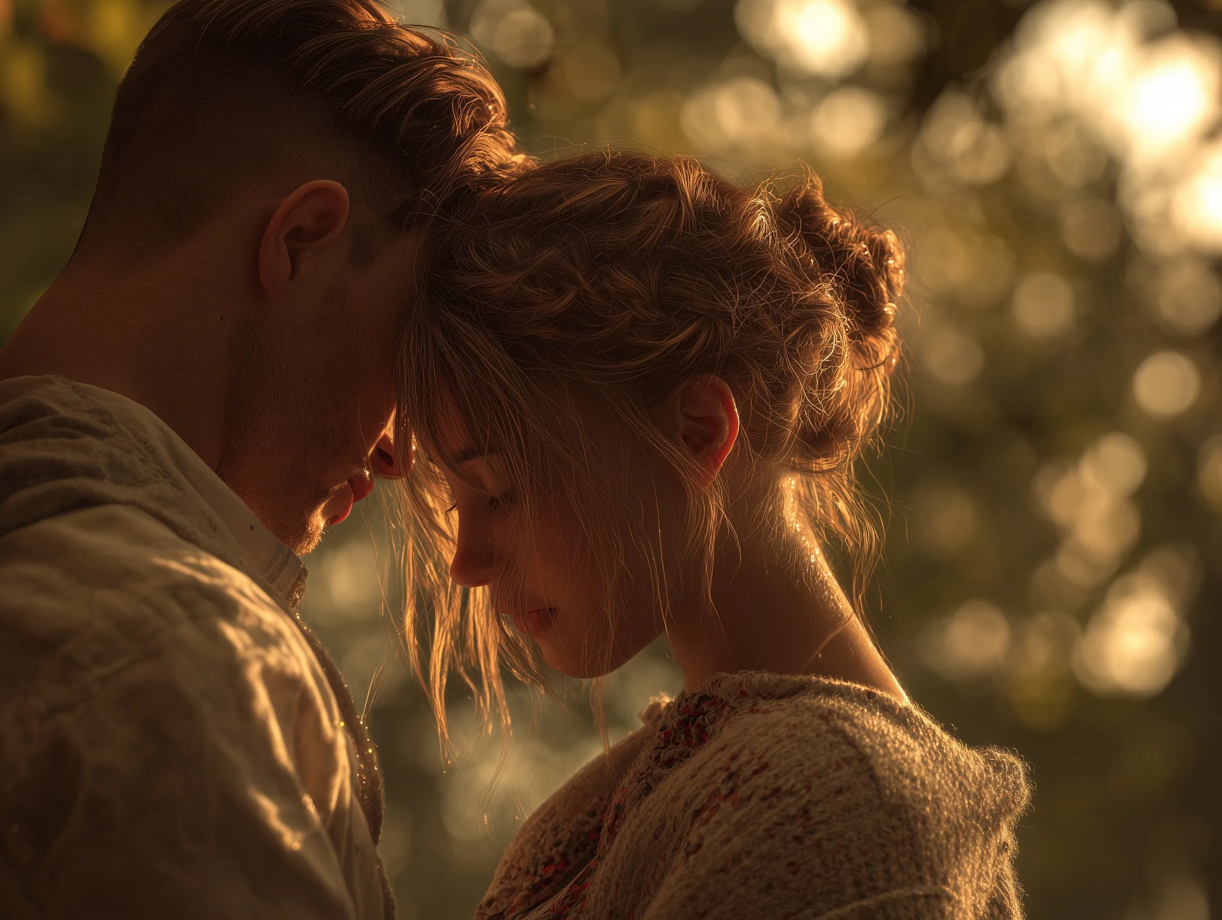 A photorealistic romantic couple sharing an intimate moment in a park during golden hour with warm lighting.