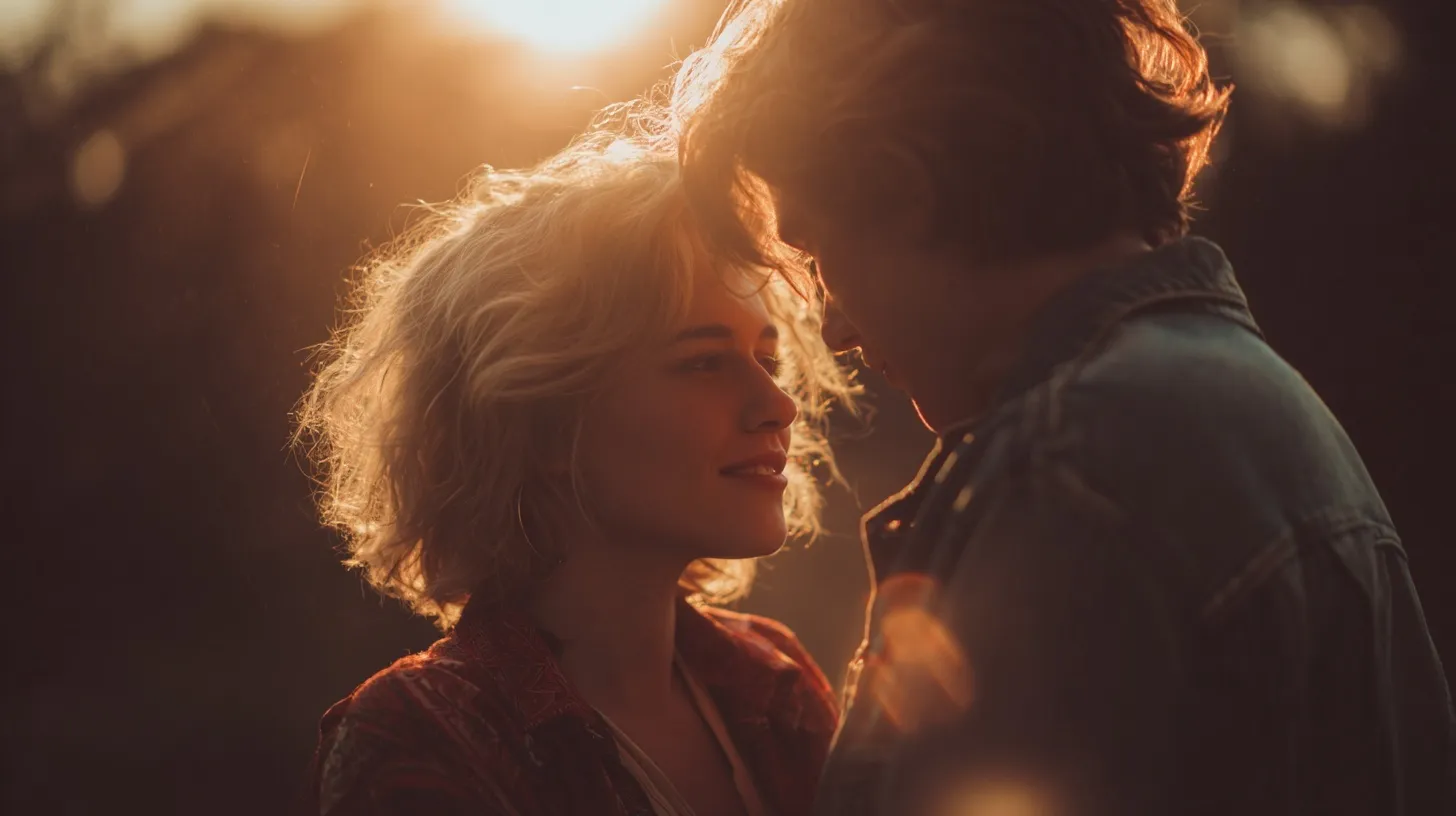 A romantic couple in vintage 80s and 90s outfits embracing at sunrise with warm, cinematic lighting.