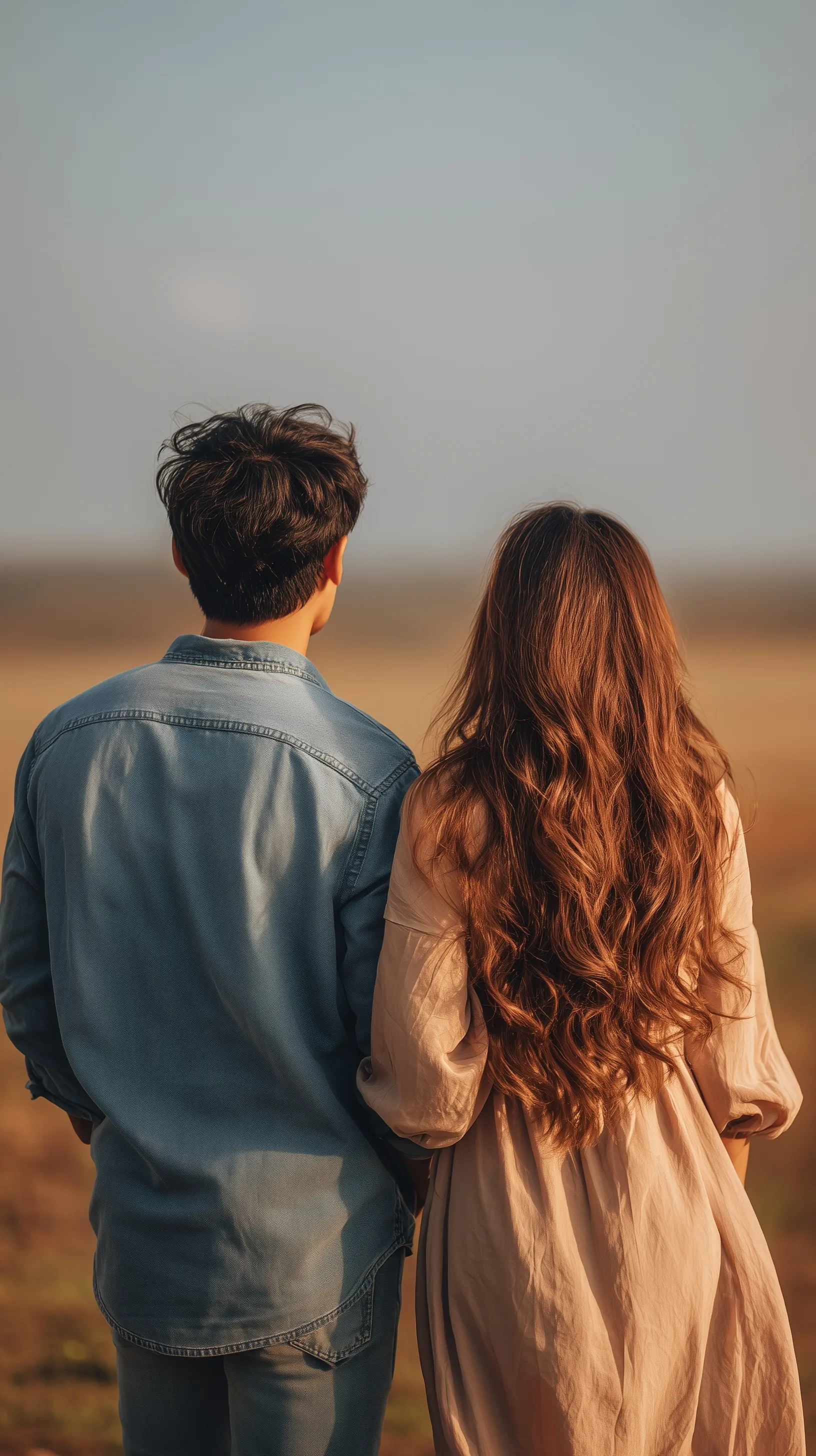 A young Uzbek couple standing outdoors at golden hour, wearing casual modern clothing, romantic cinematic shot.