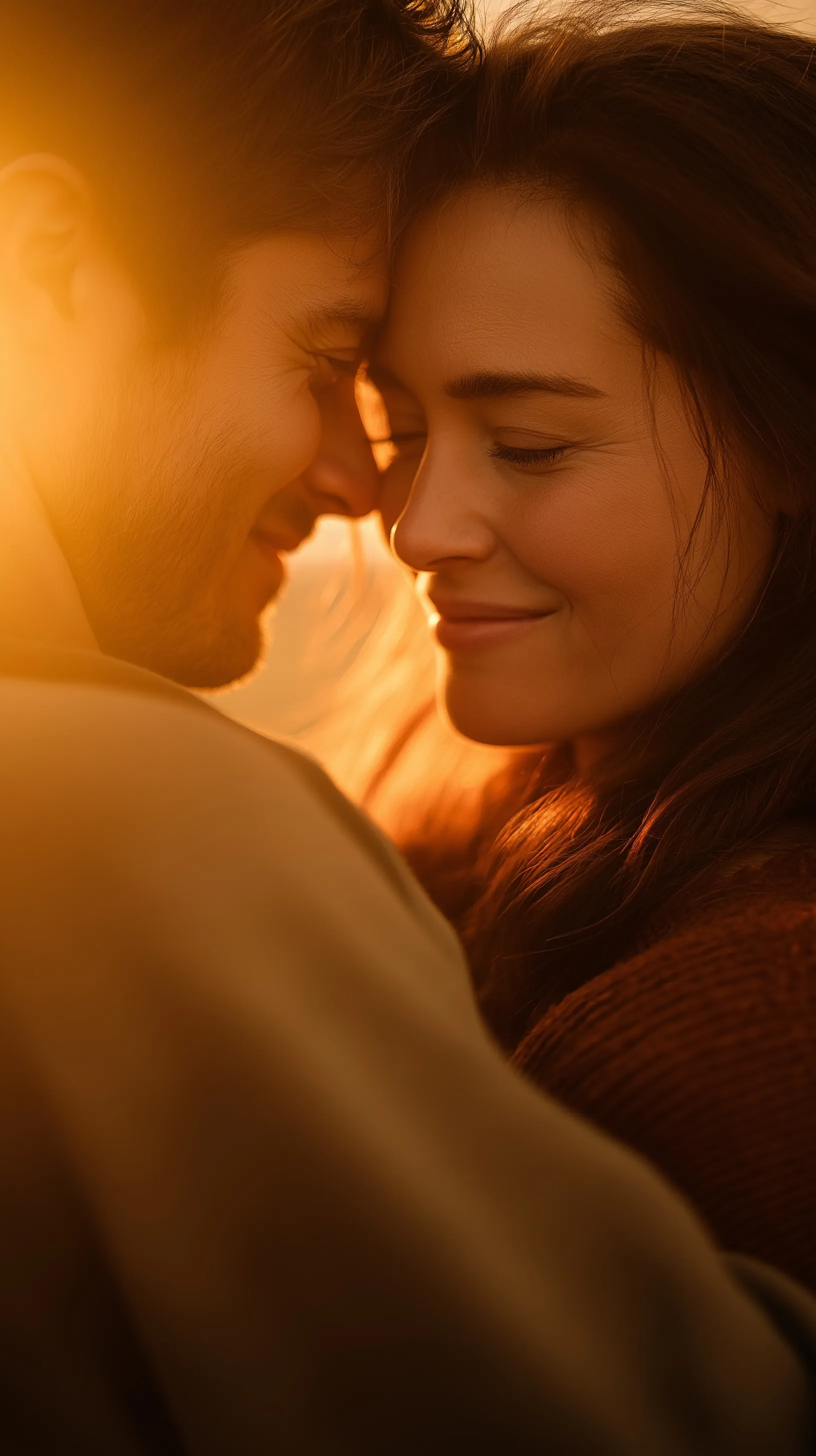 A romantic couple embracing in soft golden hour light, cinematic close-up with a shallow depth of field.