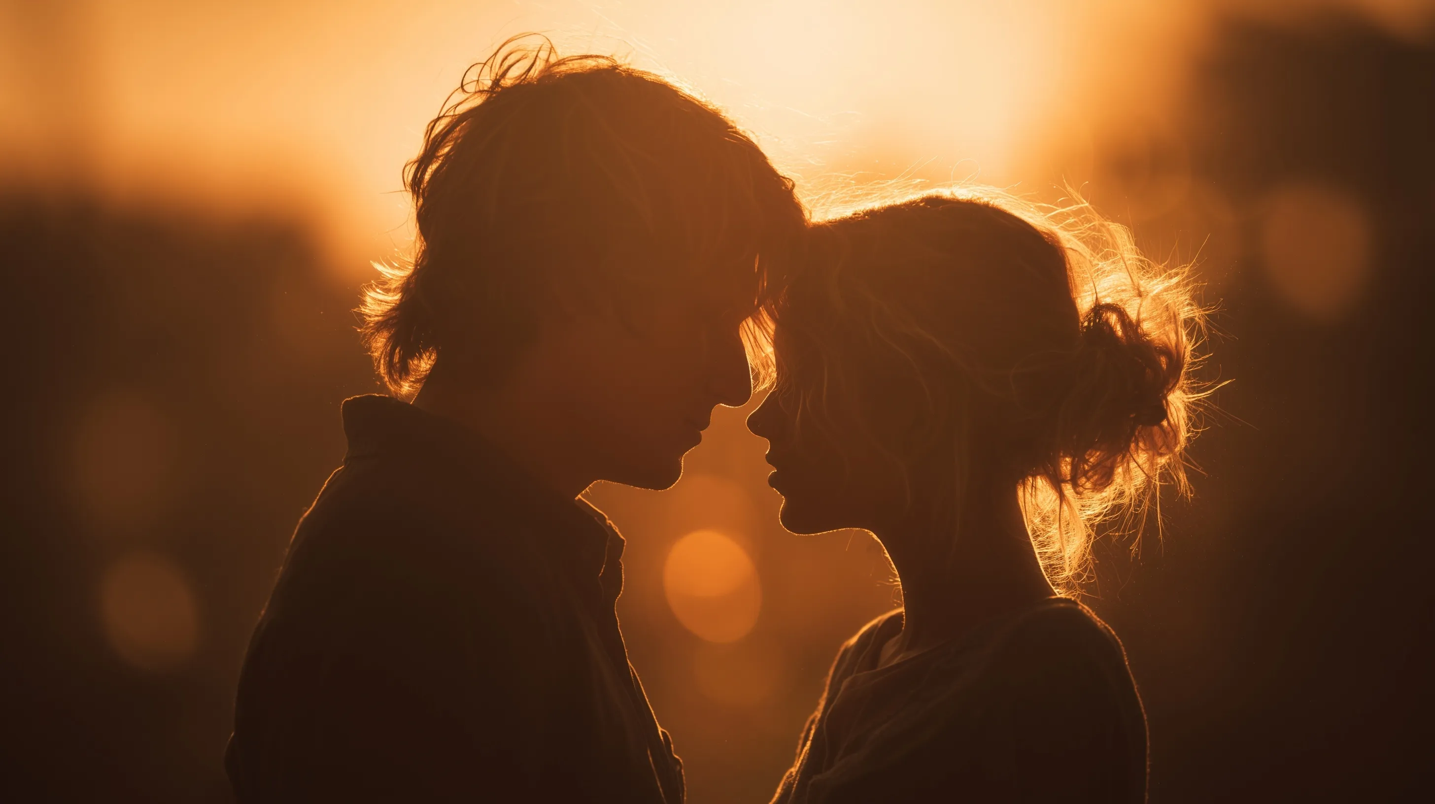 Romantic silhouette of a couple gazing into each other's eyes during a golden sunset with cinematic lighting.
