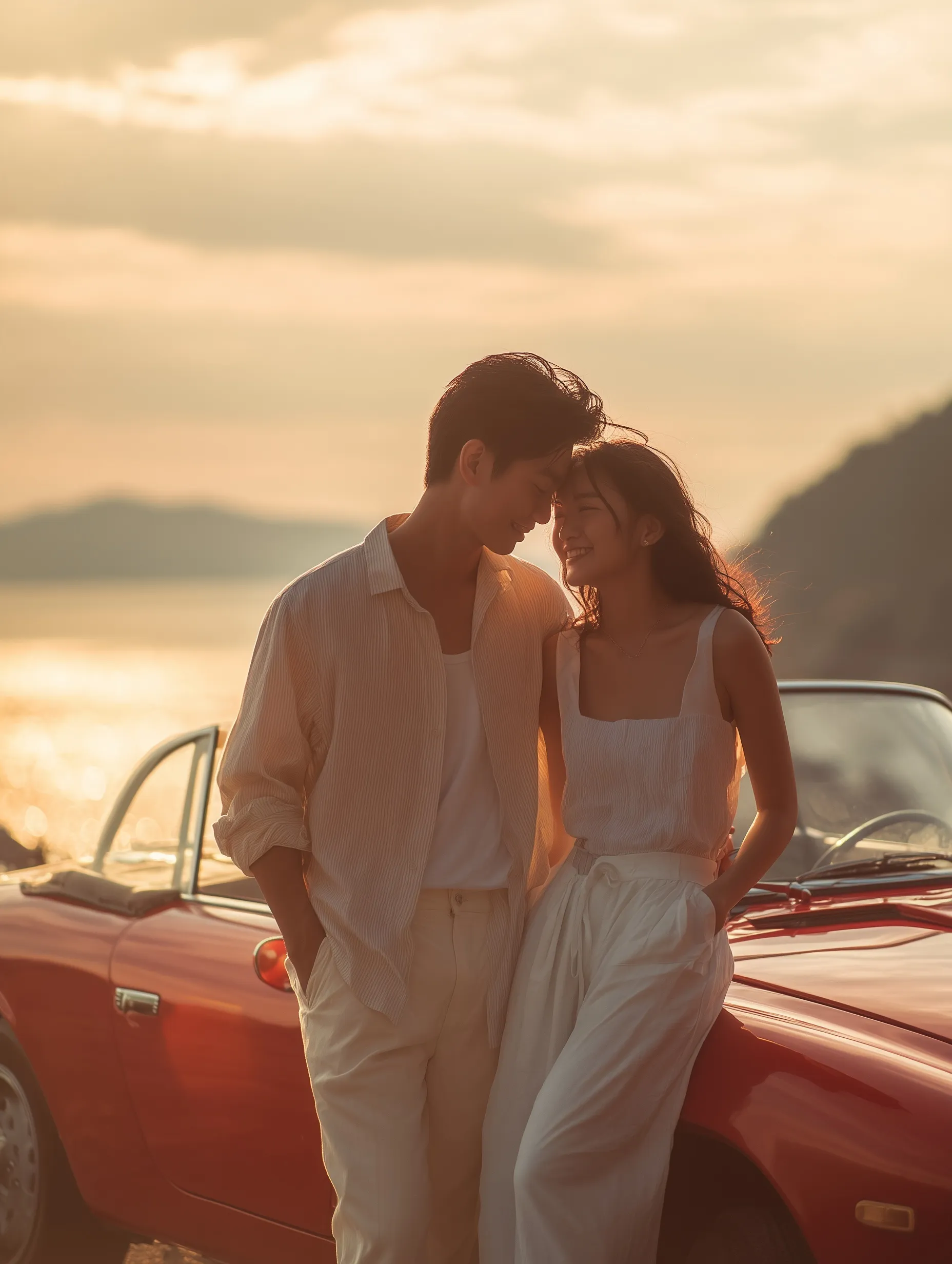 A romantic Thai couple standing by a vintage red convertible at a seaside cliffside during a golden hour sunset.