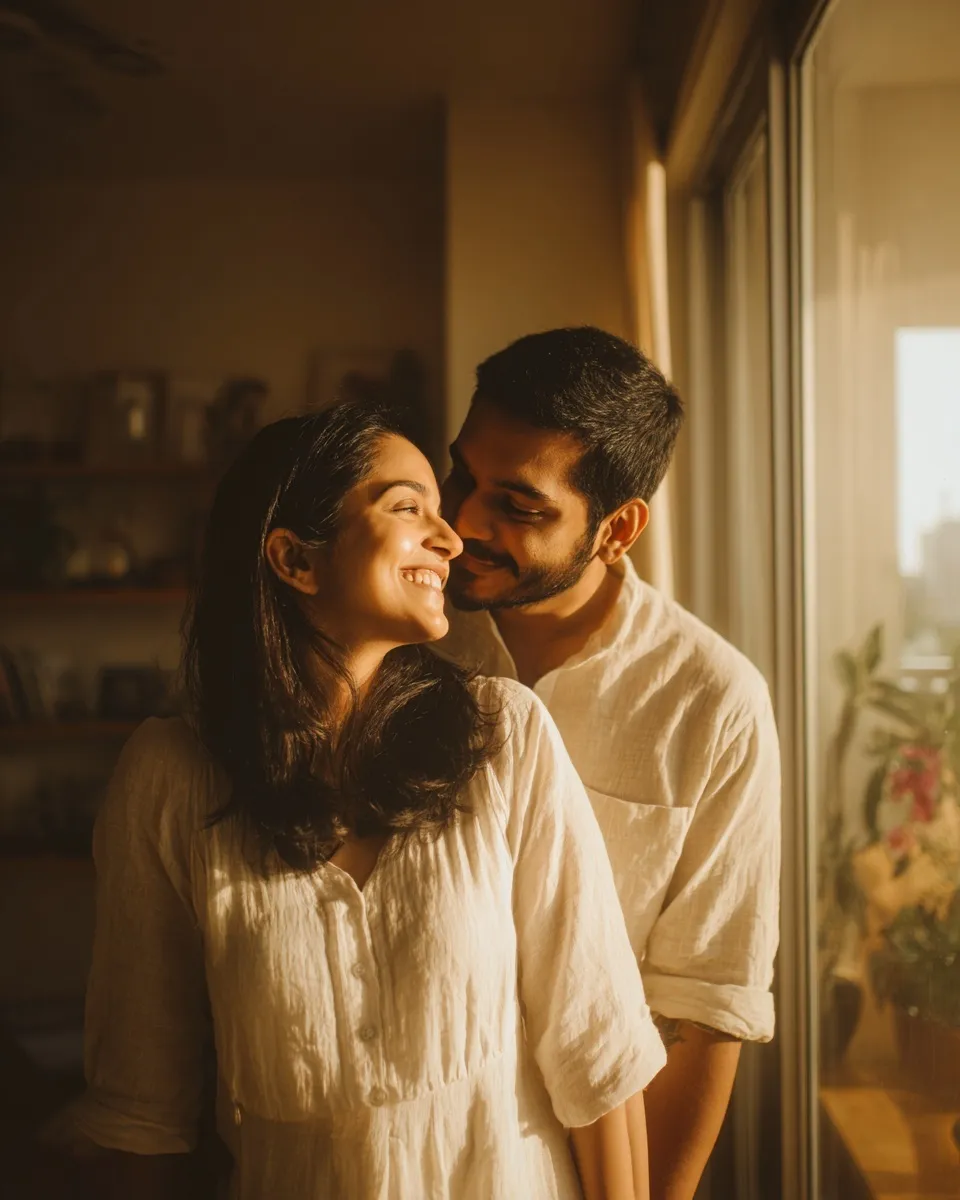 A happy young Indian couple smiling together in a sunlit modern home, cinematic lifestyle photography.