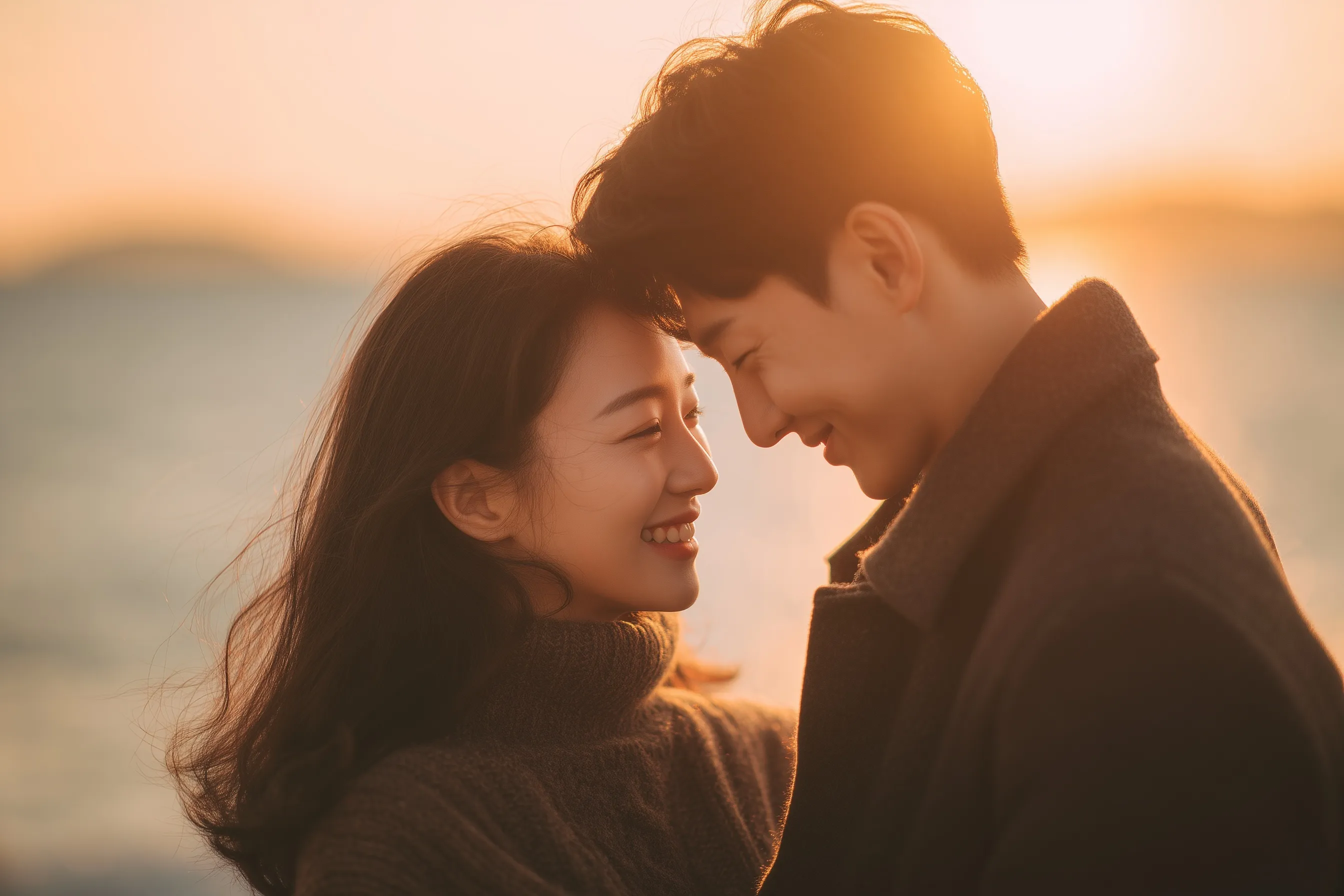 A romantic couple touching foreheads and smiling at a golden sunset beach with soft bokeh background.
