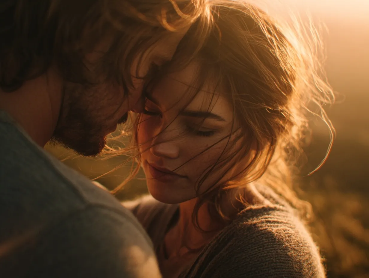 A romantic couple embracing on a grassy hill during a golden hour sunset with warm cinematic lighting.
