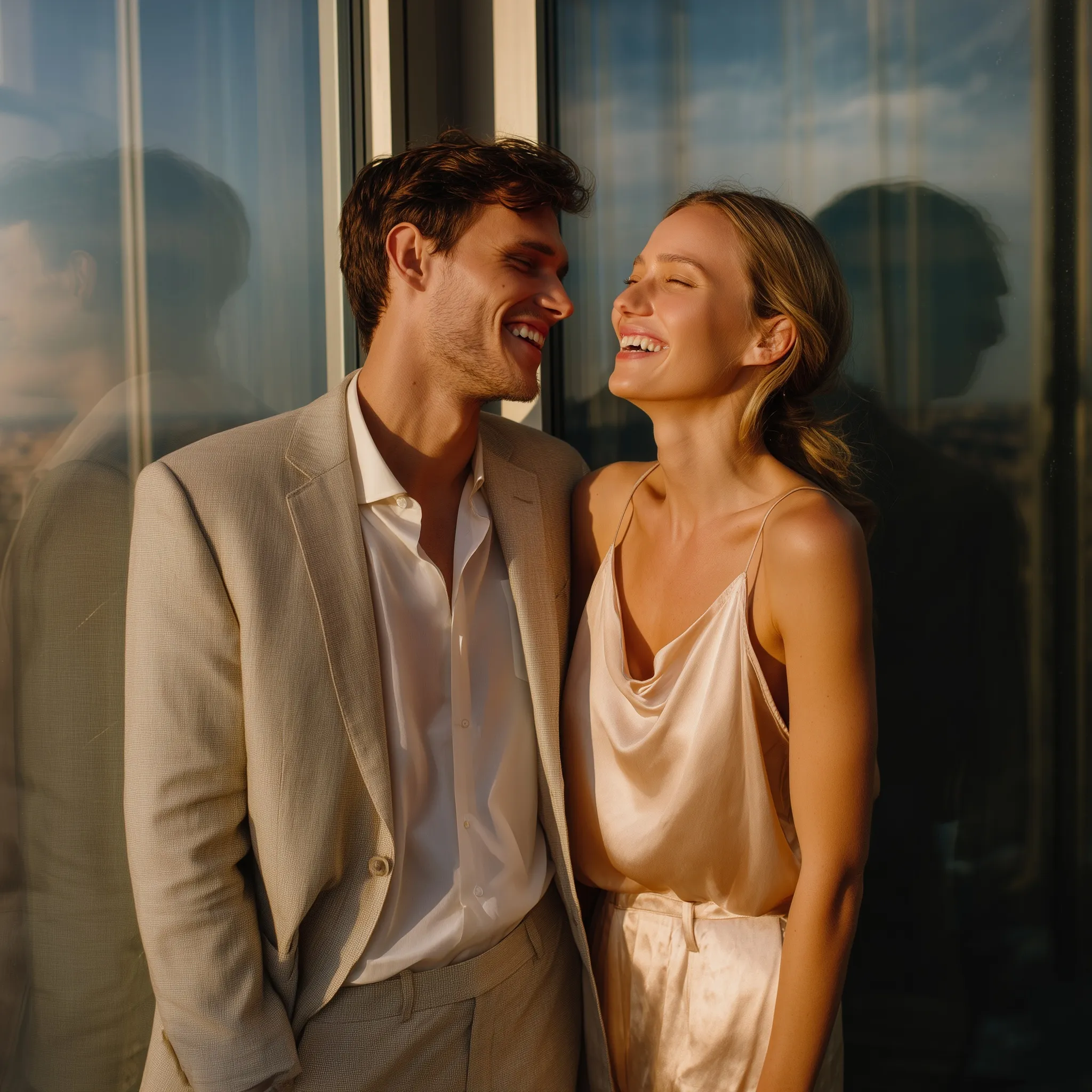 A romantic couple laughing together during a golden hour sunset against a modern city skyline.