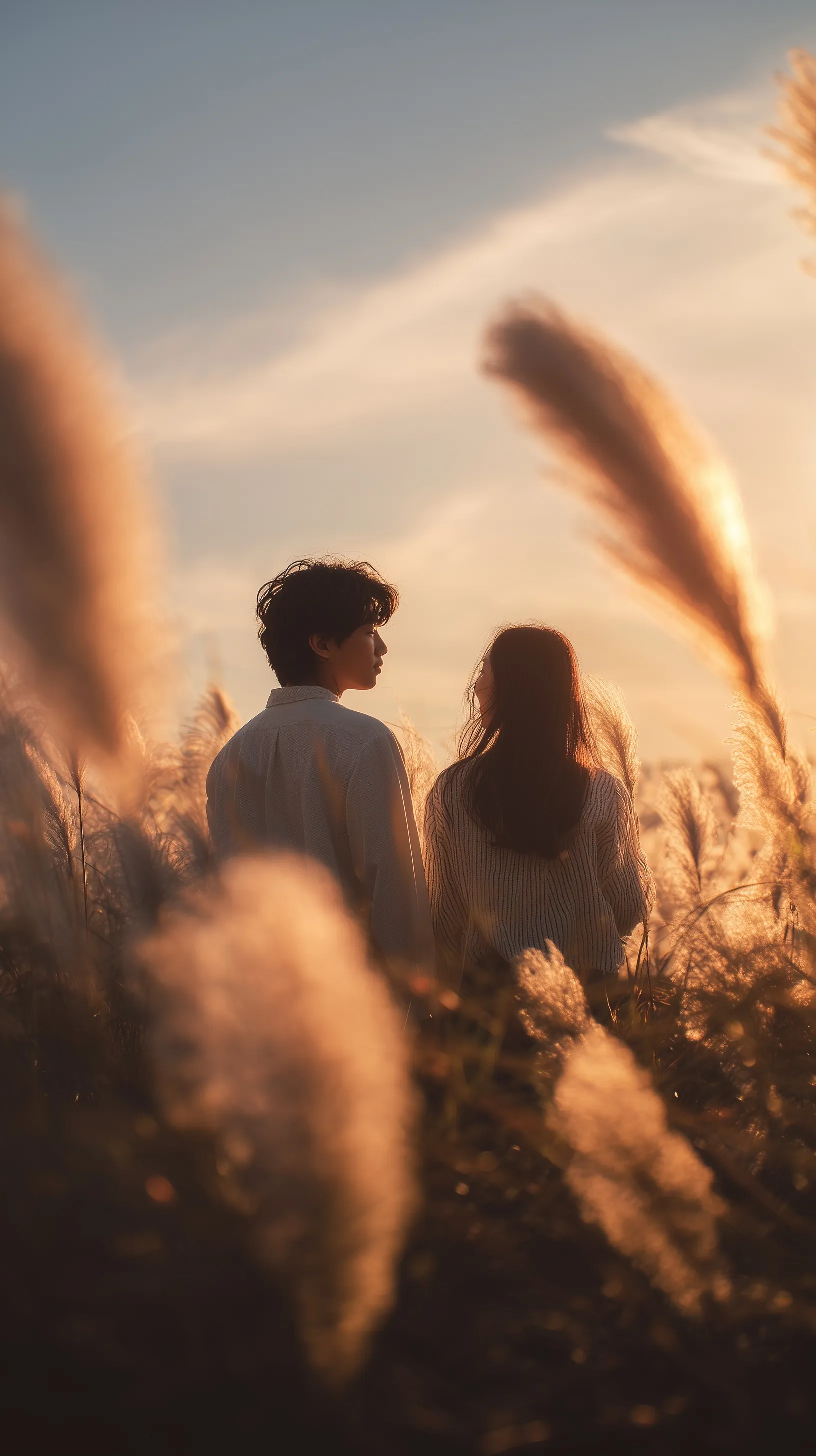 A romantic Korean couple in a pampas grass field during a cinematic golden hour sunset.