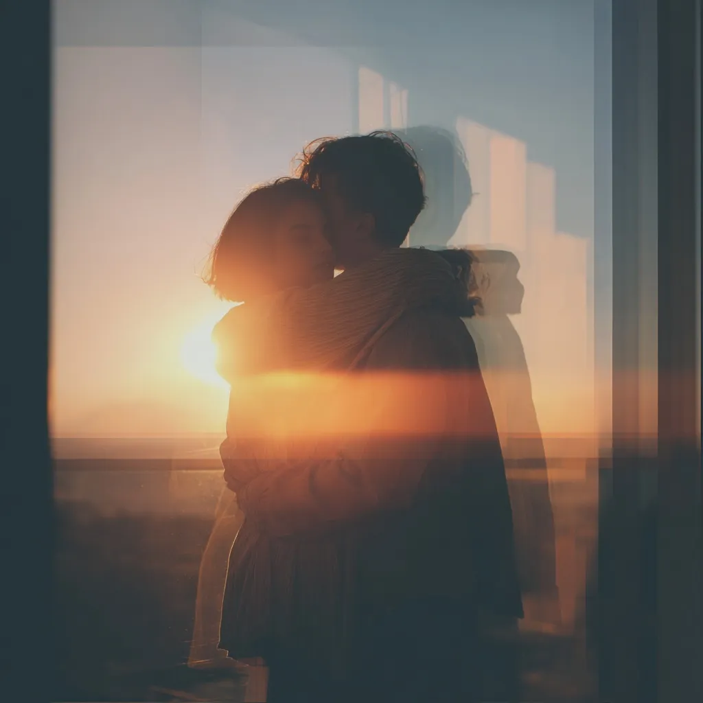 A romantic couple embracing at dawn, featuring one person as a silhouette in warm golden sunlight.
