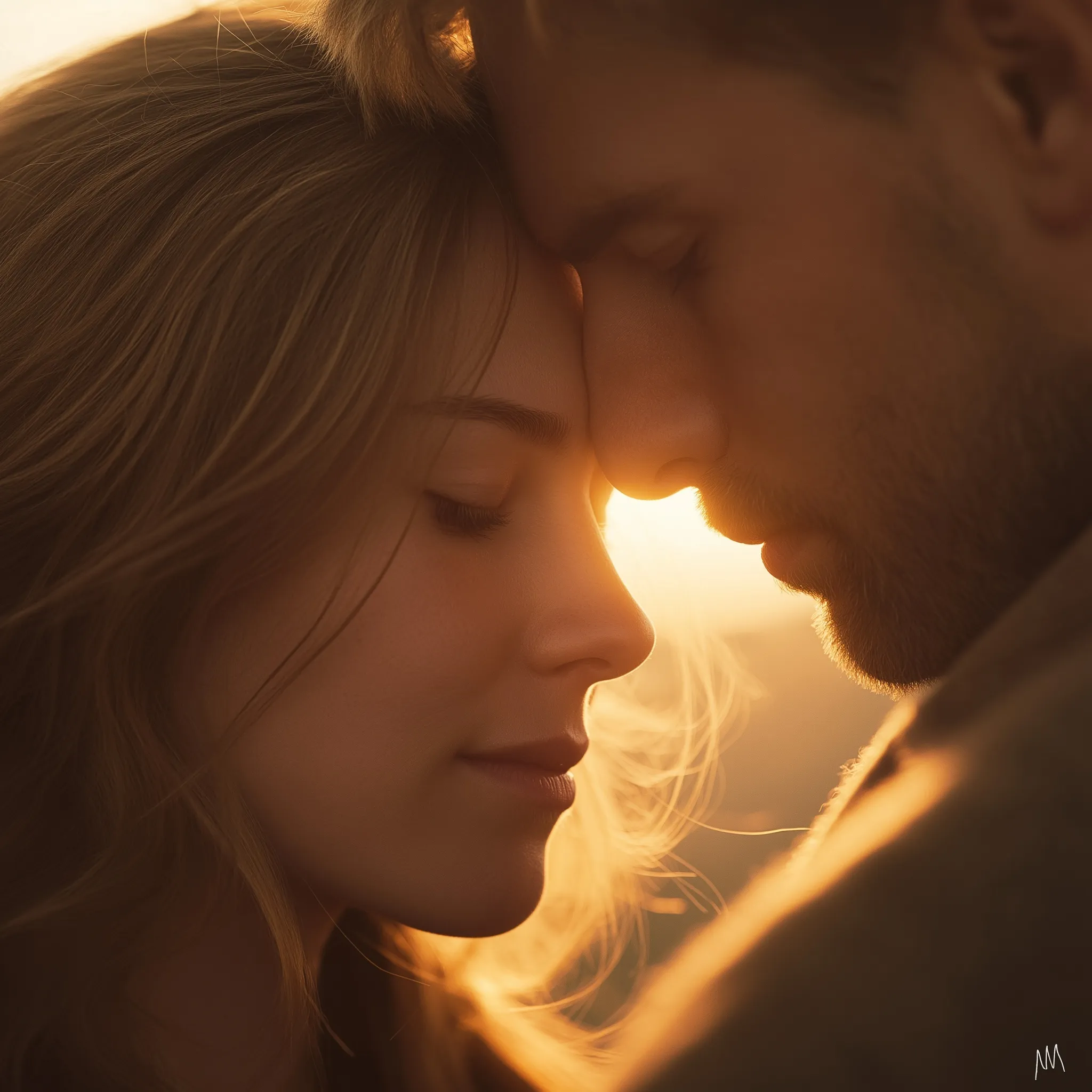 A romantic couple embracing in warm golden sunlight, expressing love and trust in a cinematic, realistic portrait.