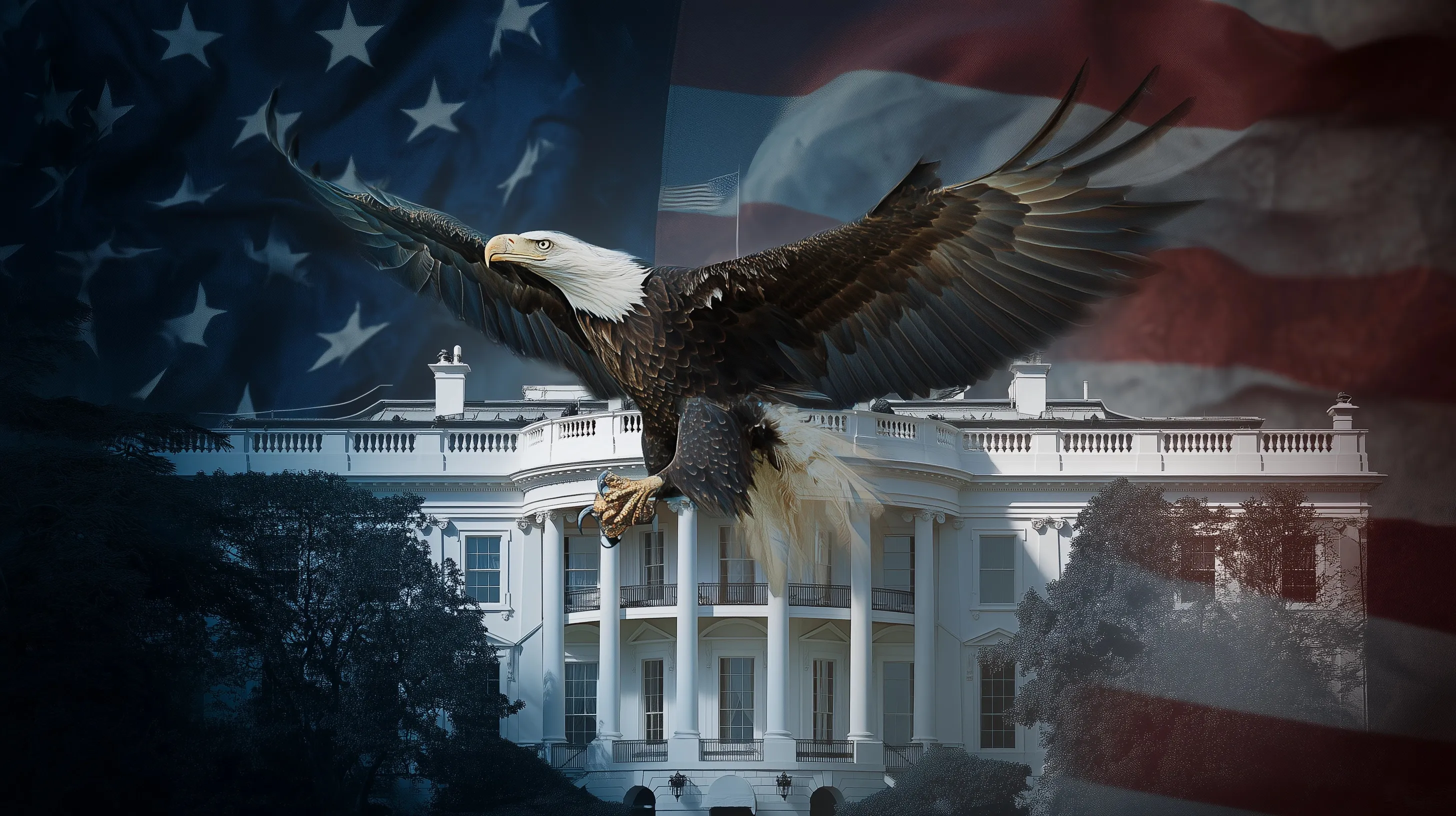 A bald eagle flying over a large American flag with the White House in the background, cinematic poster style.