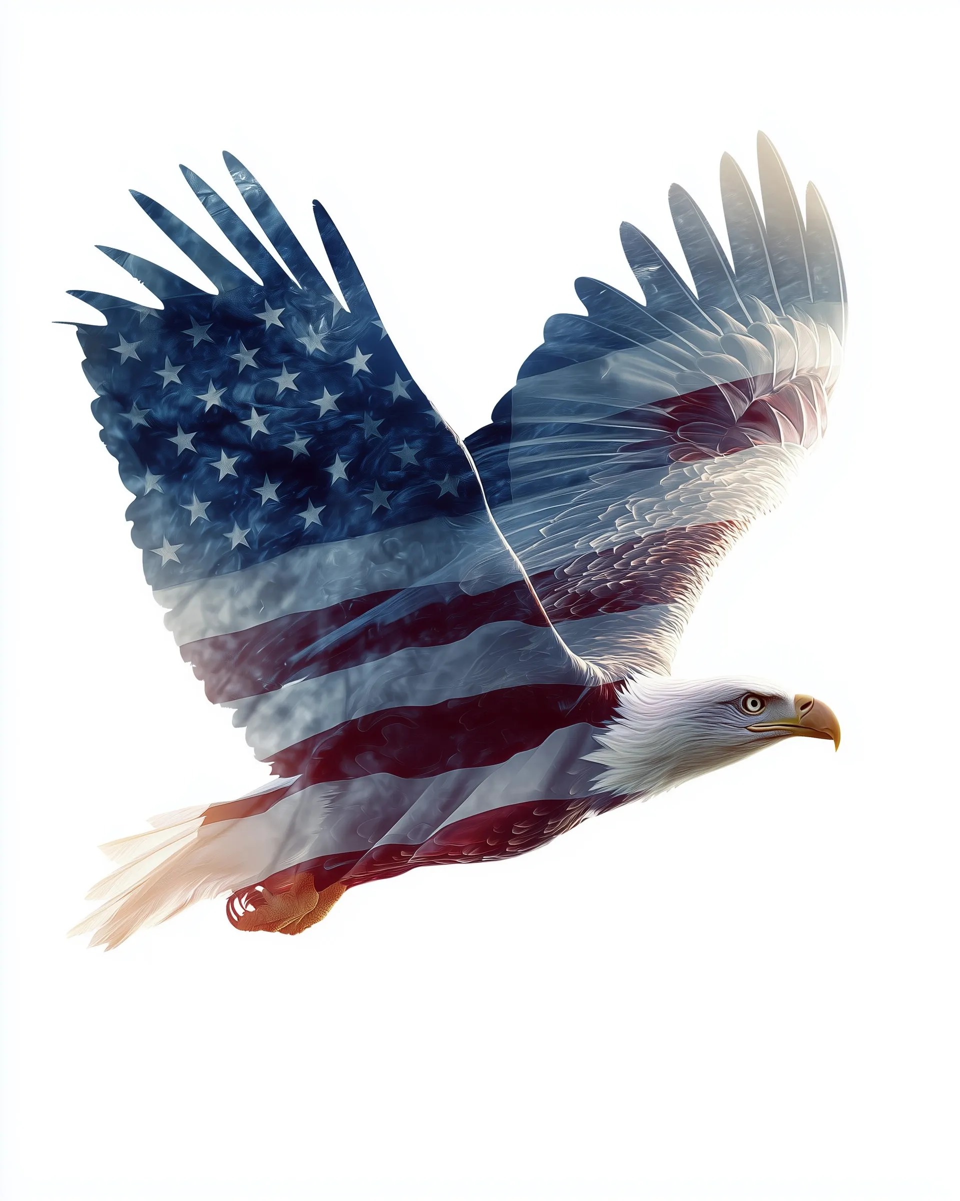 Double exposure of a majestic eagle in flight filled with a waving American flag against a white background.