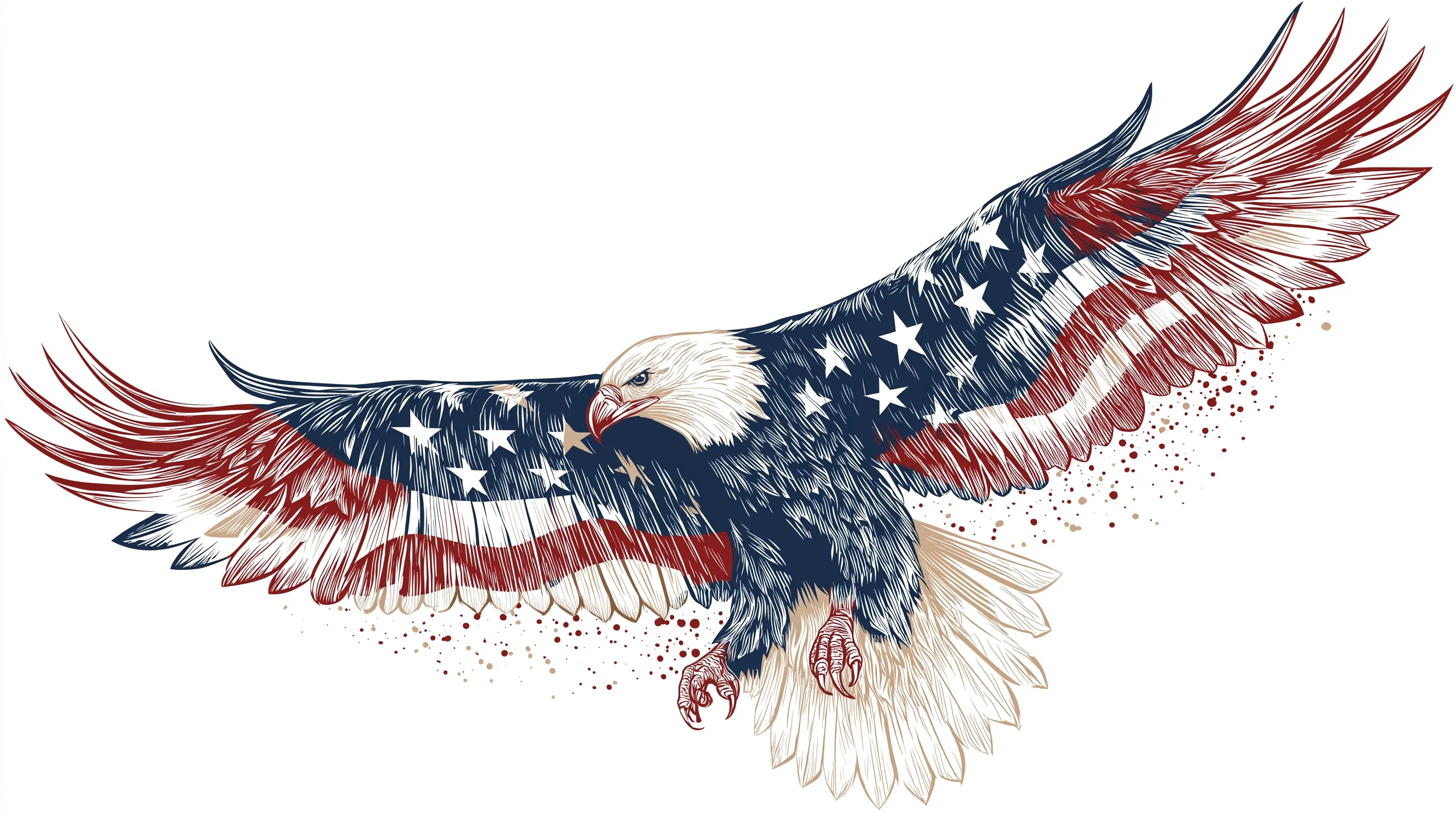 A digital illustration of a bald eagle featuring an American flag pattern flying against a clean white background.