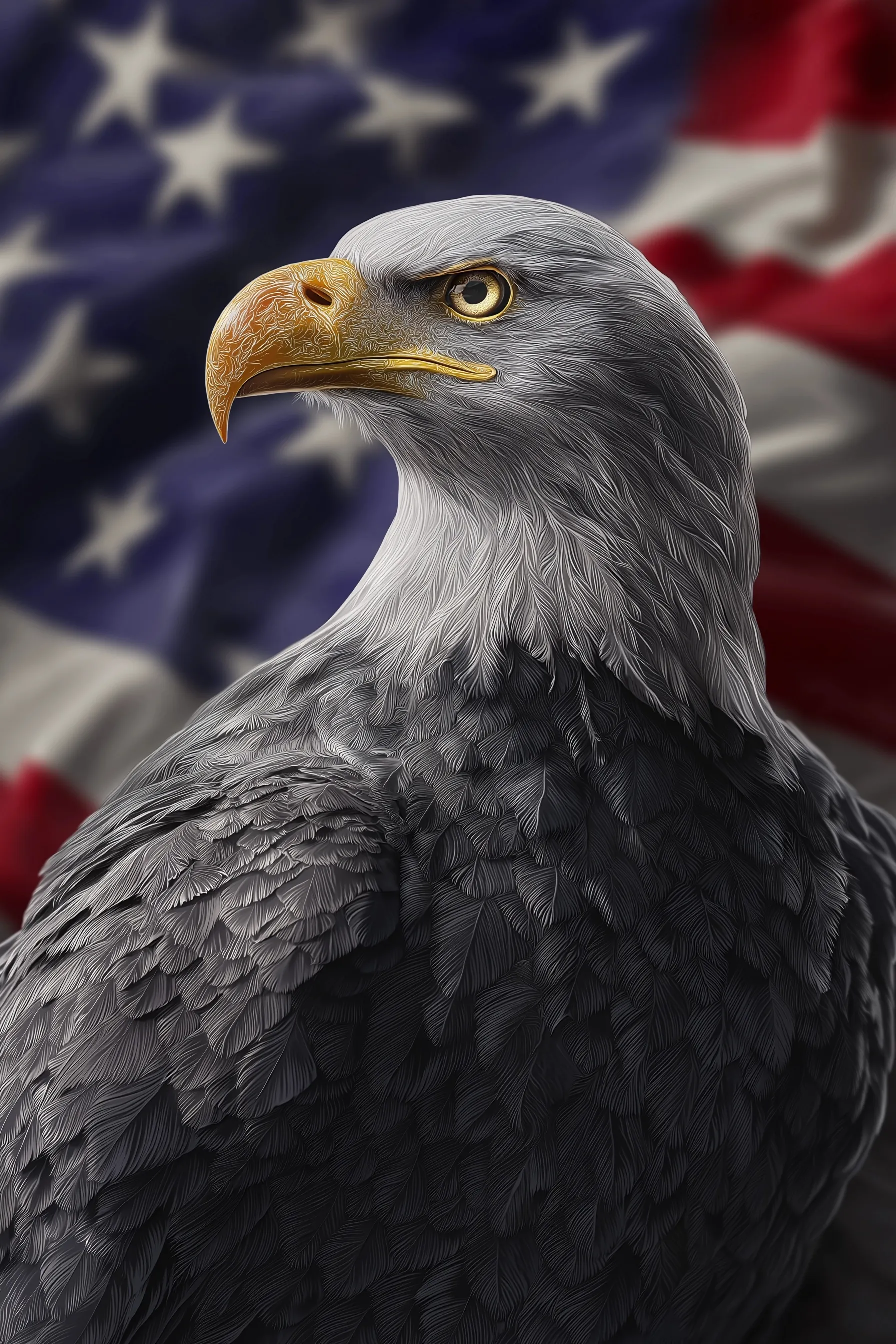 A realistic portrait of a bald eagle with detailed feathers and an American flag background.