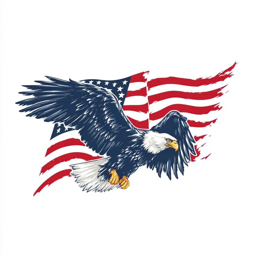 Vector graphic of a majestic eagle flying in front of an American flag design against a clean white background.
