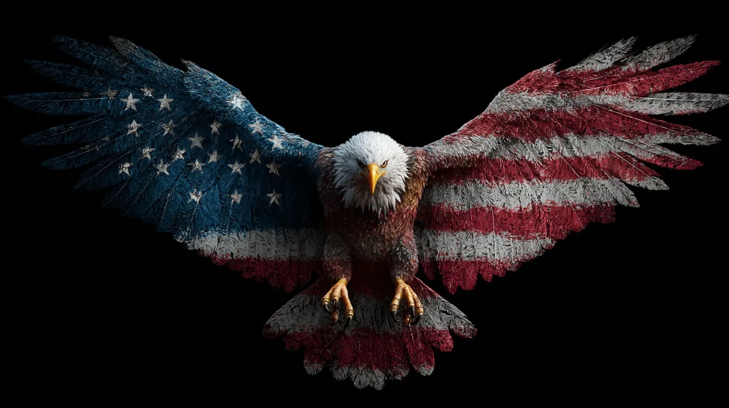 A majestic American bald eagle soaring with wings spread in front of a waving United States flag background.