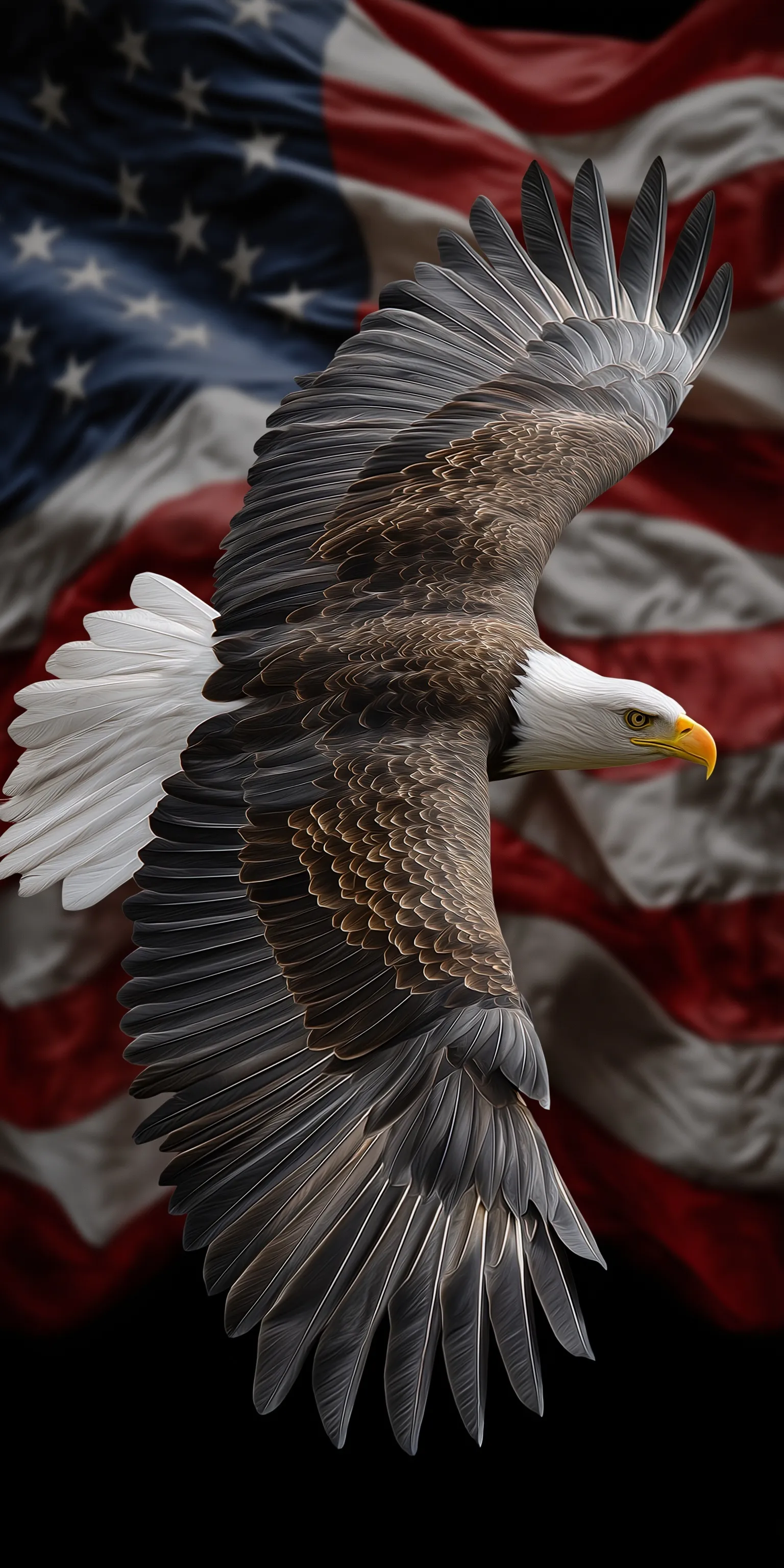 A bald eagle flying head-on while carrying an American flag in its talons against a clear sky.
