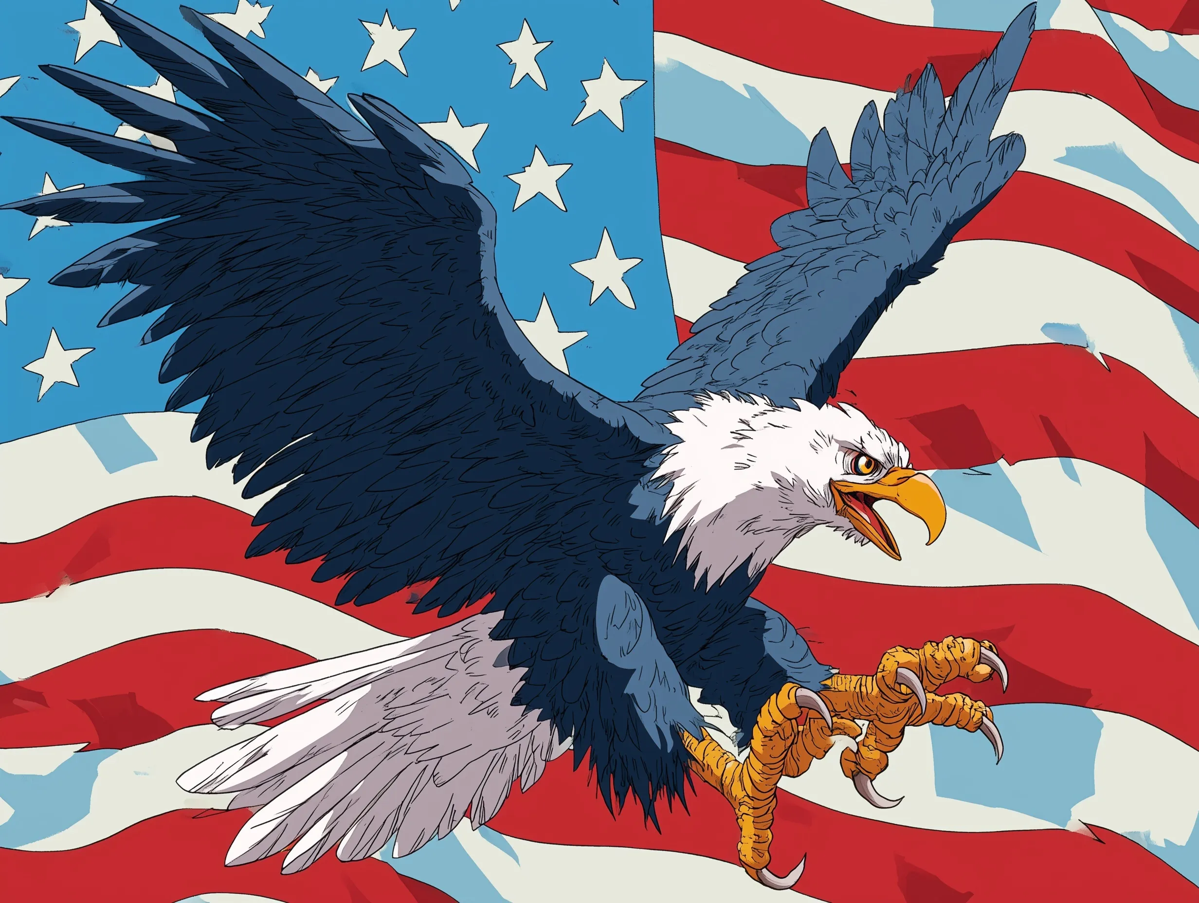 A bald eagle diving over a Betsy Ross American flag, depicted in a dynamic Akira Toriyama anime art style.