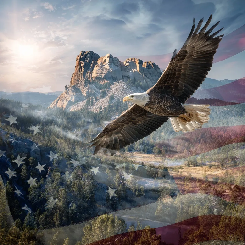 A majestic bald eagle flying over the South Dakota landscape with an American flag overlay.