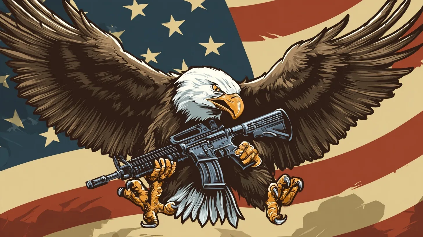 Cartoon bald eagle flying while clutching an AR-15 rifle with an American flag background.
