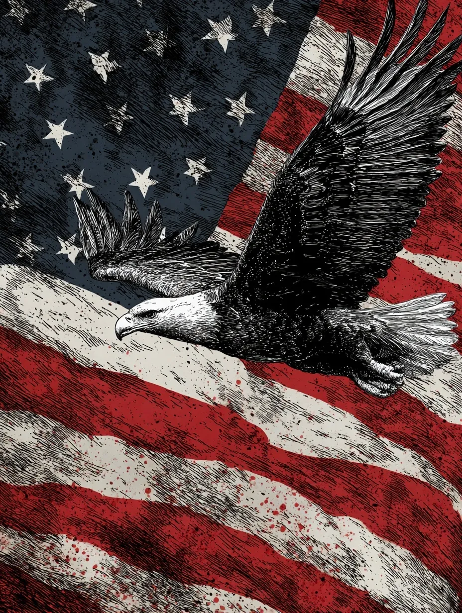 An ink illustration of a bald eagle flying over an abstract, waving American flag painted background.