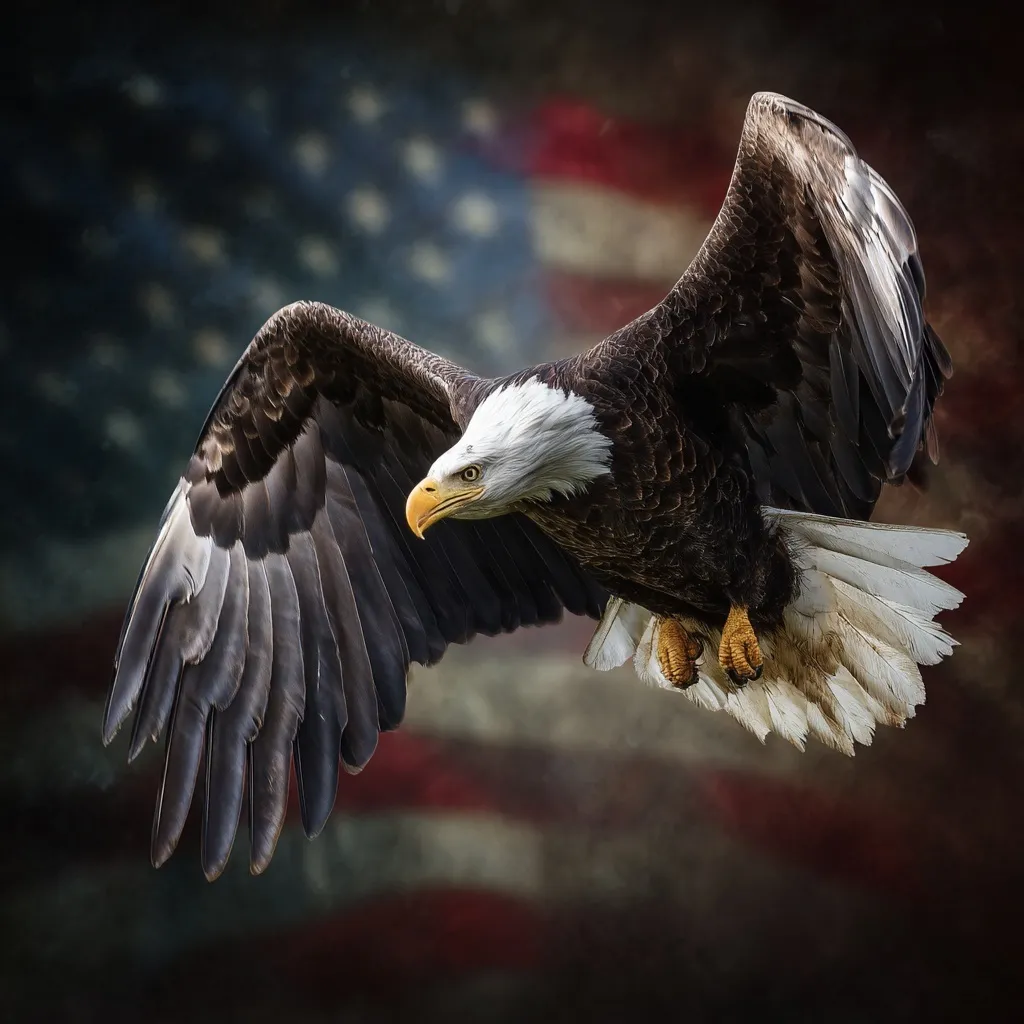 A majestic bald eagle soaring in flight against a vibrant, waving American flag background.