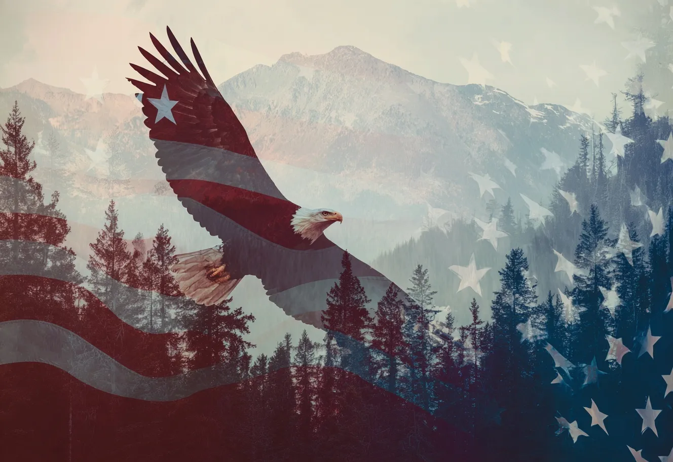 A photorealistic bald eagle flying over a vintage mountain landscape with a double exposure American flag background.