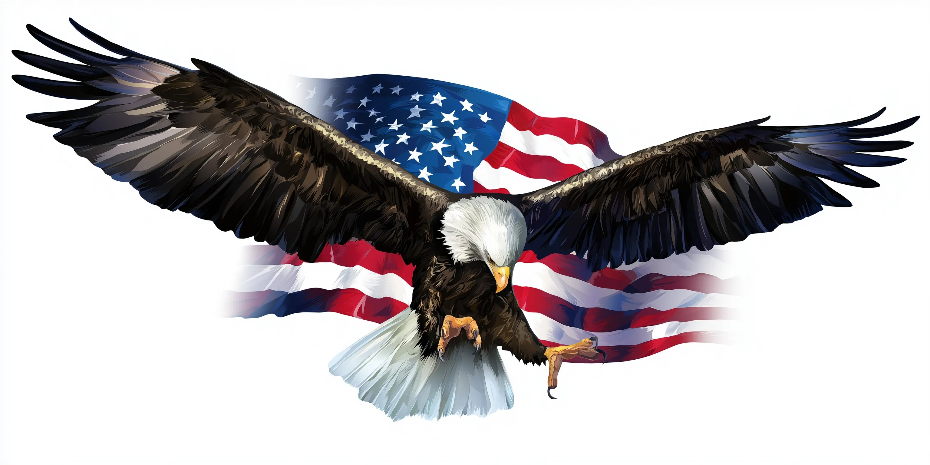 Vector illustration of a majestic eagle flying and carrying an American flag against a glowing white background.