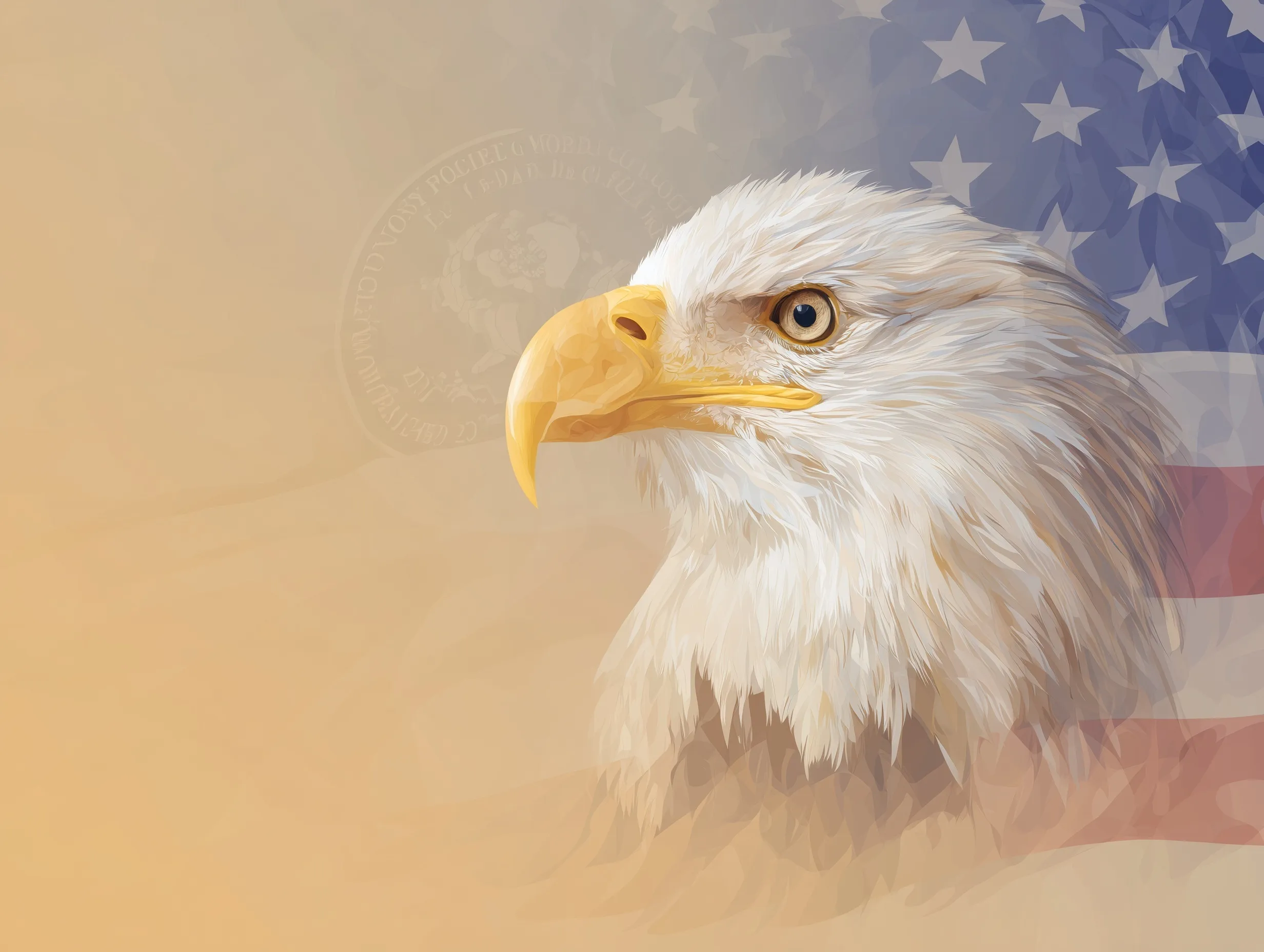 A bald eagle emblem above Labor Day text with a US flag on a dawn-colored gradient background.