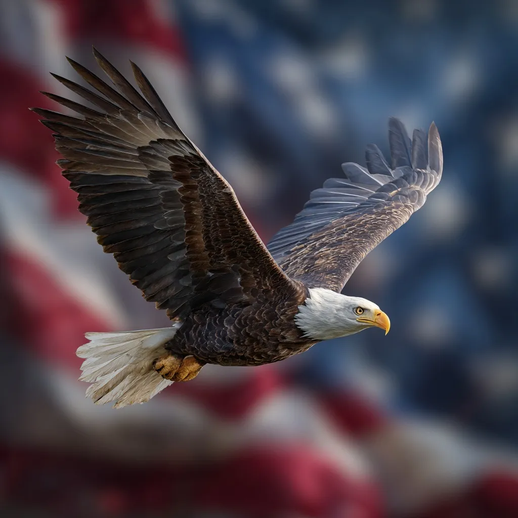 A photorealistic bald eagle soaring majestically against a blurred American flag background.