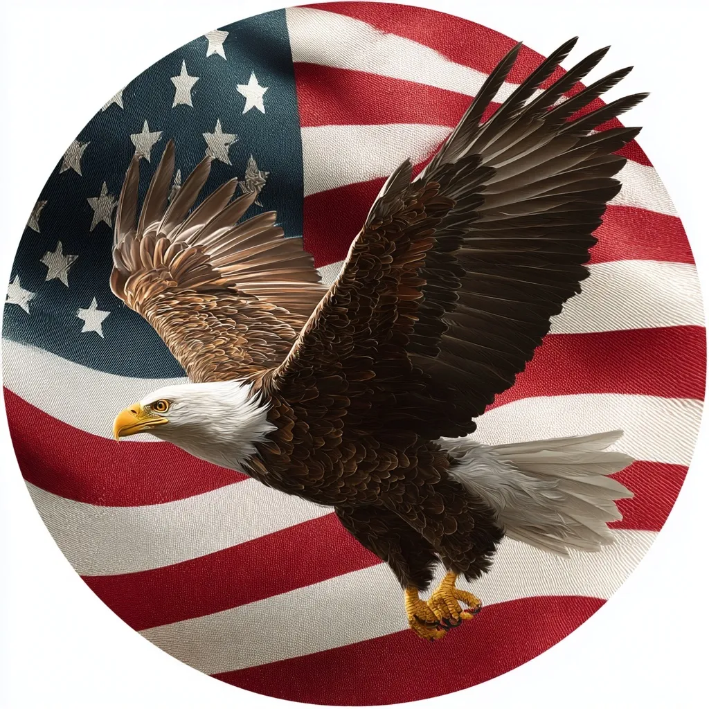 A bald eagle flying over a circular American flag background, isolated as a vector clip art on white.