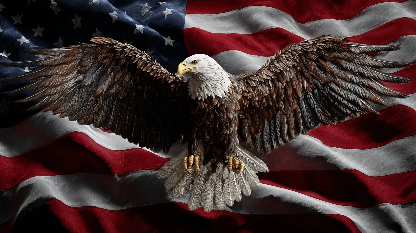 A majestic bald eagle soaring in front of a waving American flag against a patriotic sky.
