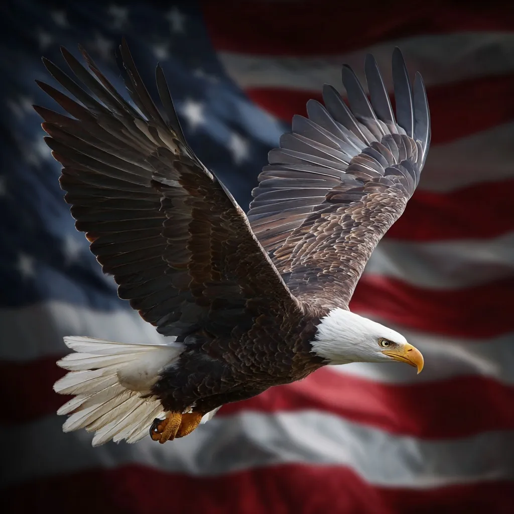 A majestic bald eagle soaring proudly in front of a waving American flag, symbolizing freedom.