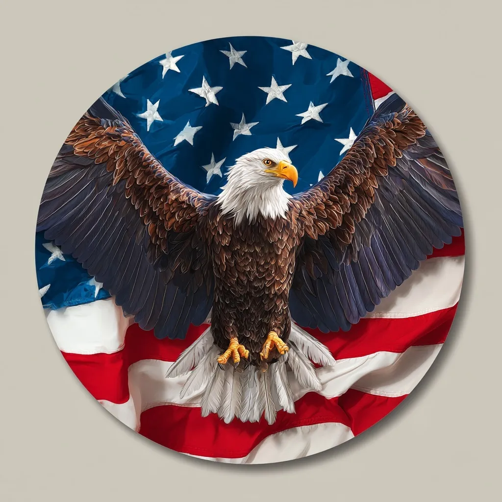 American bald eagle with wings spread perched on an American flag, vector graphic illustration.