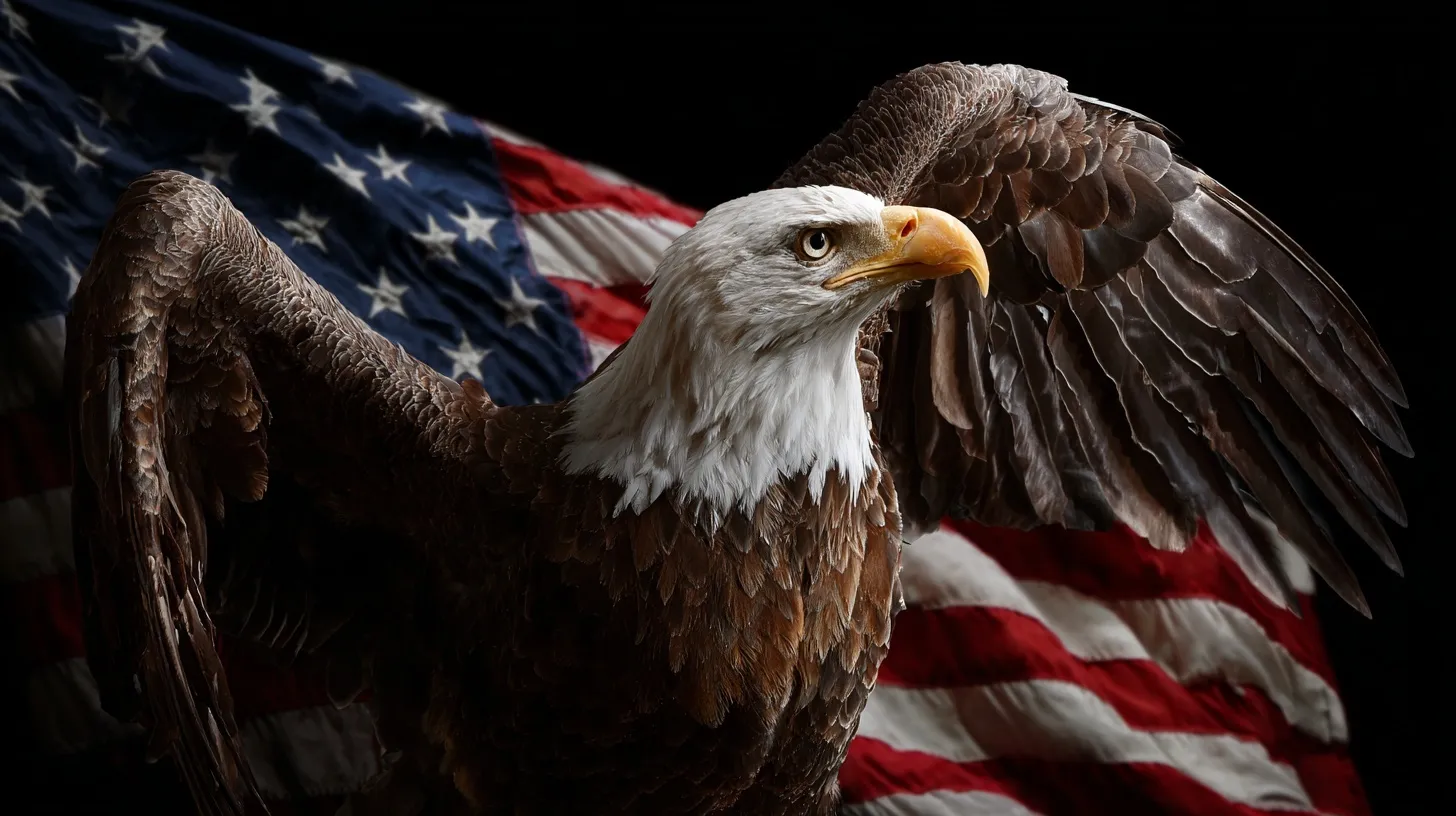 A majestic eagle flying in front of a waving American flag, 4K high-resolution stock photography.
