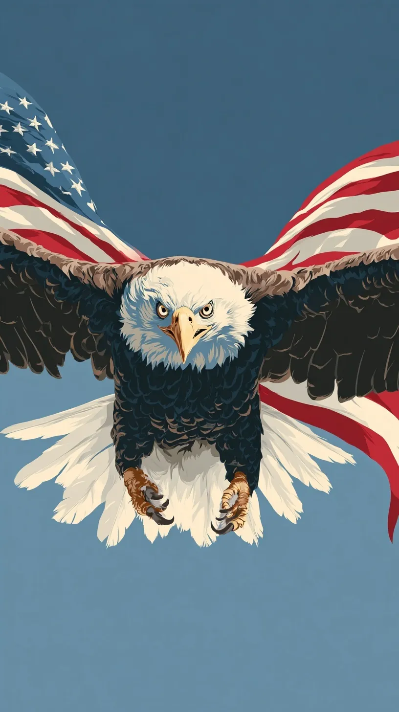 A digital art illustration of a legendary bald eagle soaring with an American flag cape, flying toward the viewer.
