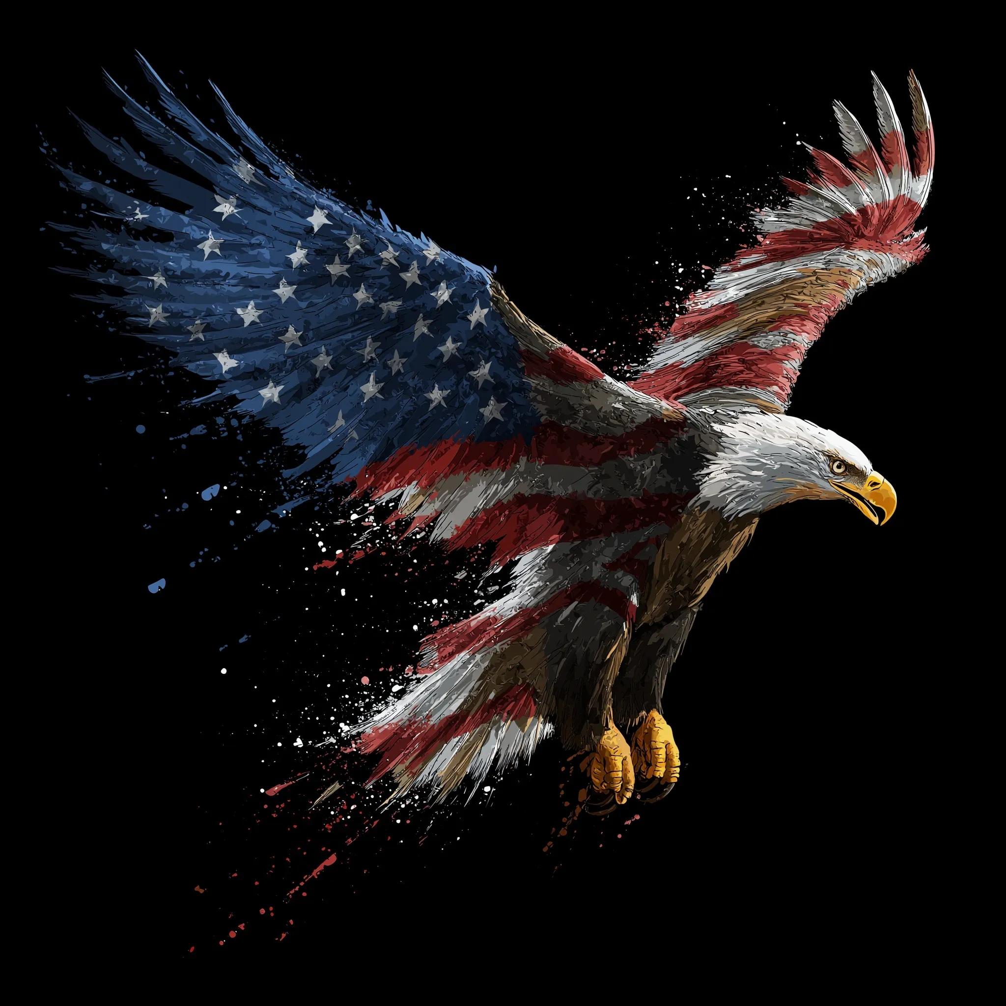 A cartoon hawk flying with a large American flag in the background, designed in six colors for screen printing.