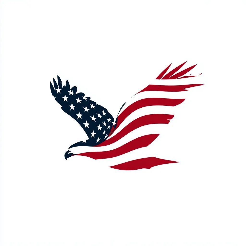 Minimalist silhouette of an eagle flying with an American flag pattern, isolated on a white background.