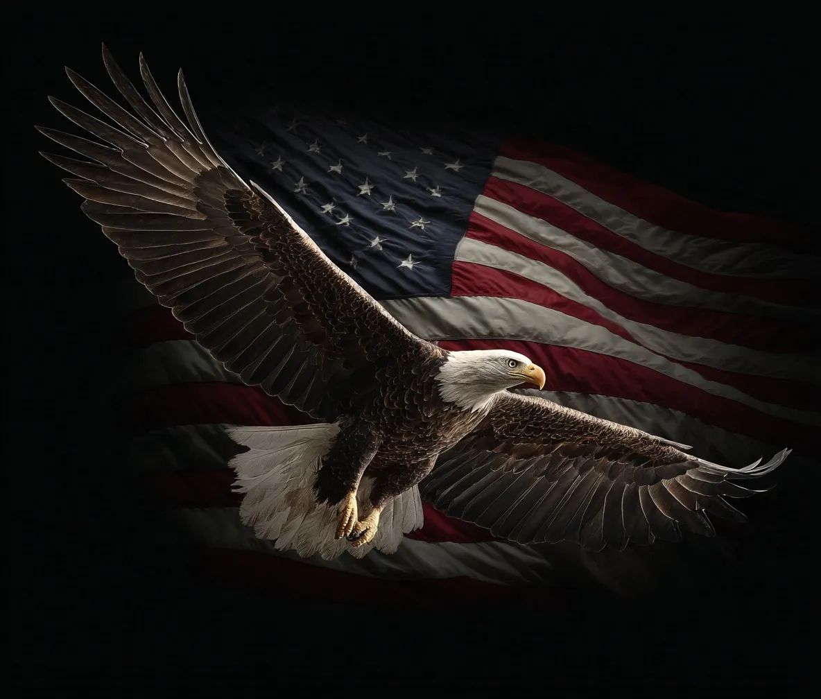 A majestic bald eagle soaring over an American flag against a dark, dramatic background.