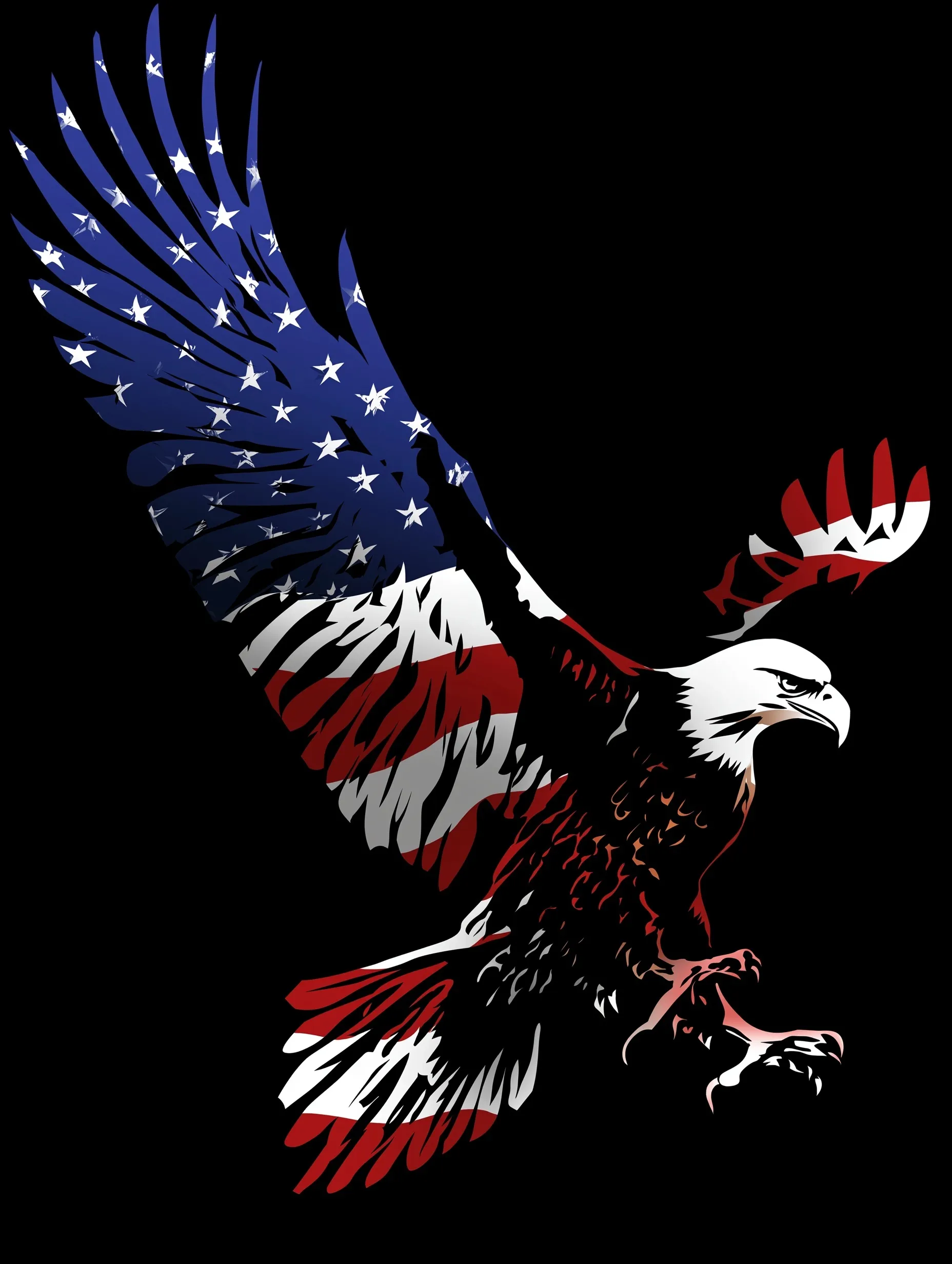 A patriotic American flag eagle flying, designed as a graphic logo for black t-shirt printing.