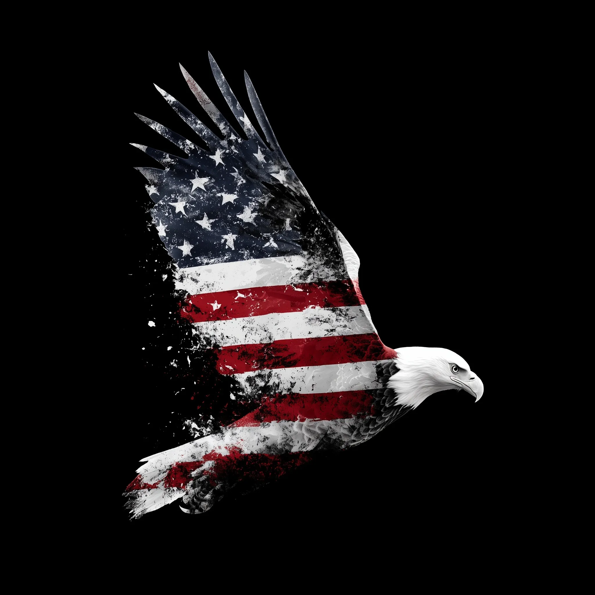 A bald eagle silhouette double exposure illustration with the American flag pattern on a black background.