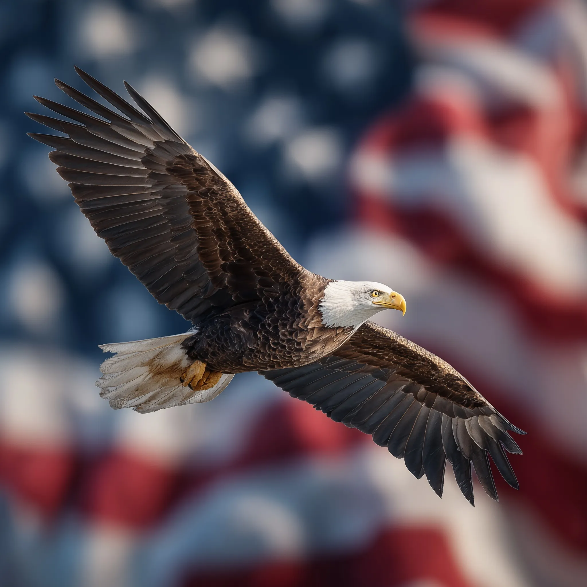 A majestic bald eagle soaring high with a blurred United States flag waving in the background.