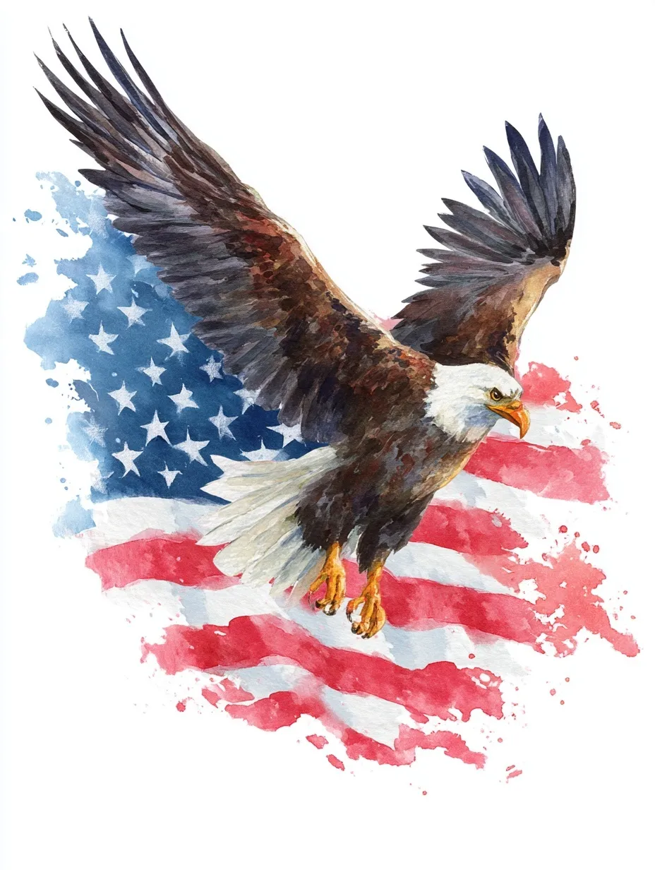 Watercolor bald eagle flying over a patriotic American flag background isolated on white.
