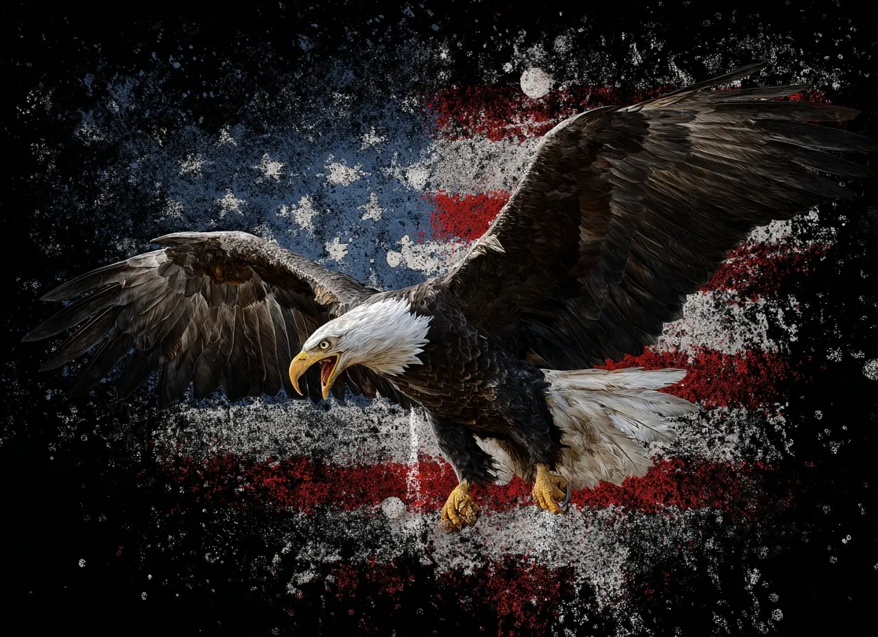 A bald eagle flying over a distressed American flag with grunge graffiti paint splatters and dark vintage textures.