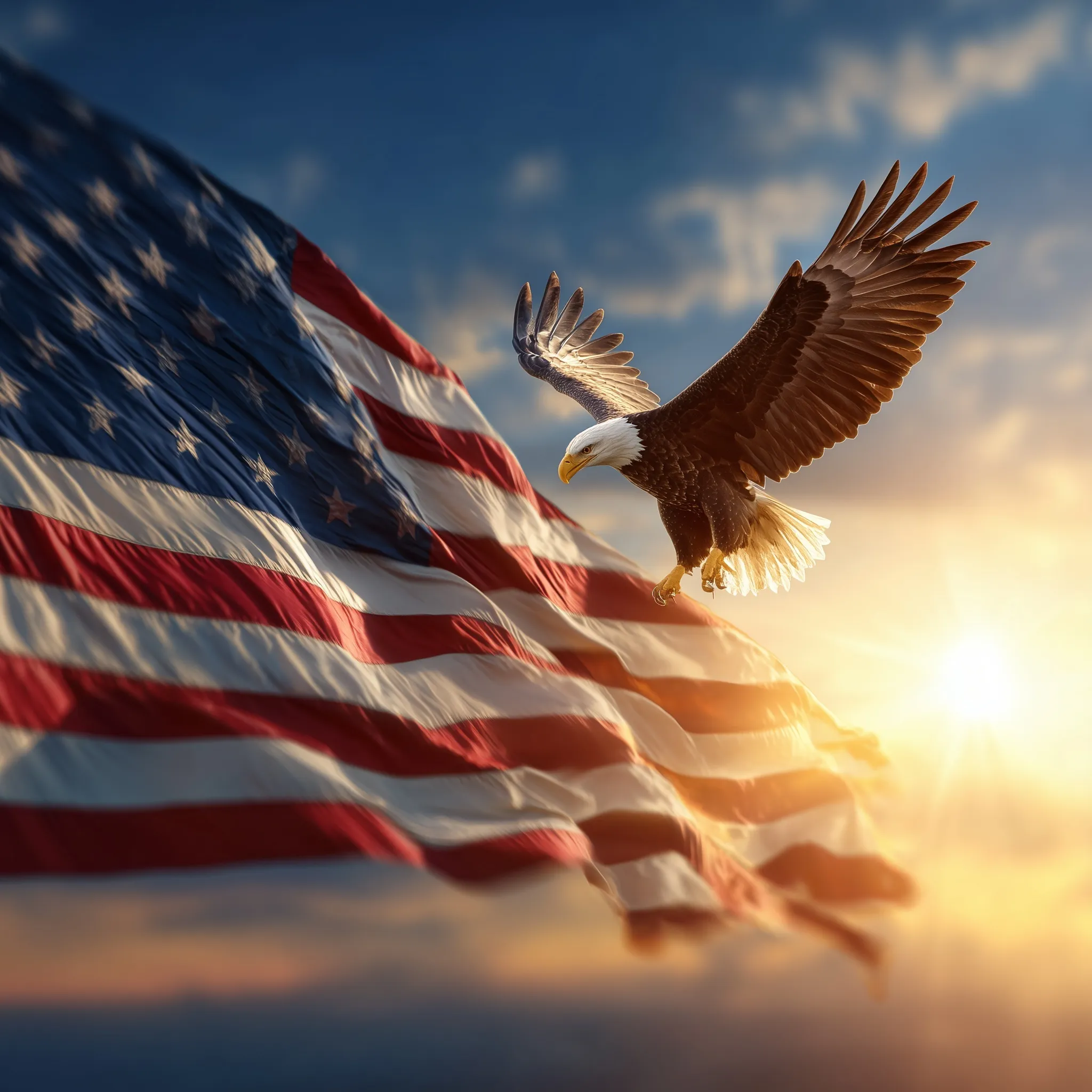 A majestic bald eagle soaring over a vibrant, waving American flag under a bright, golden sunrise.