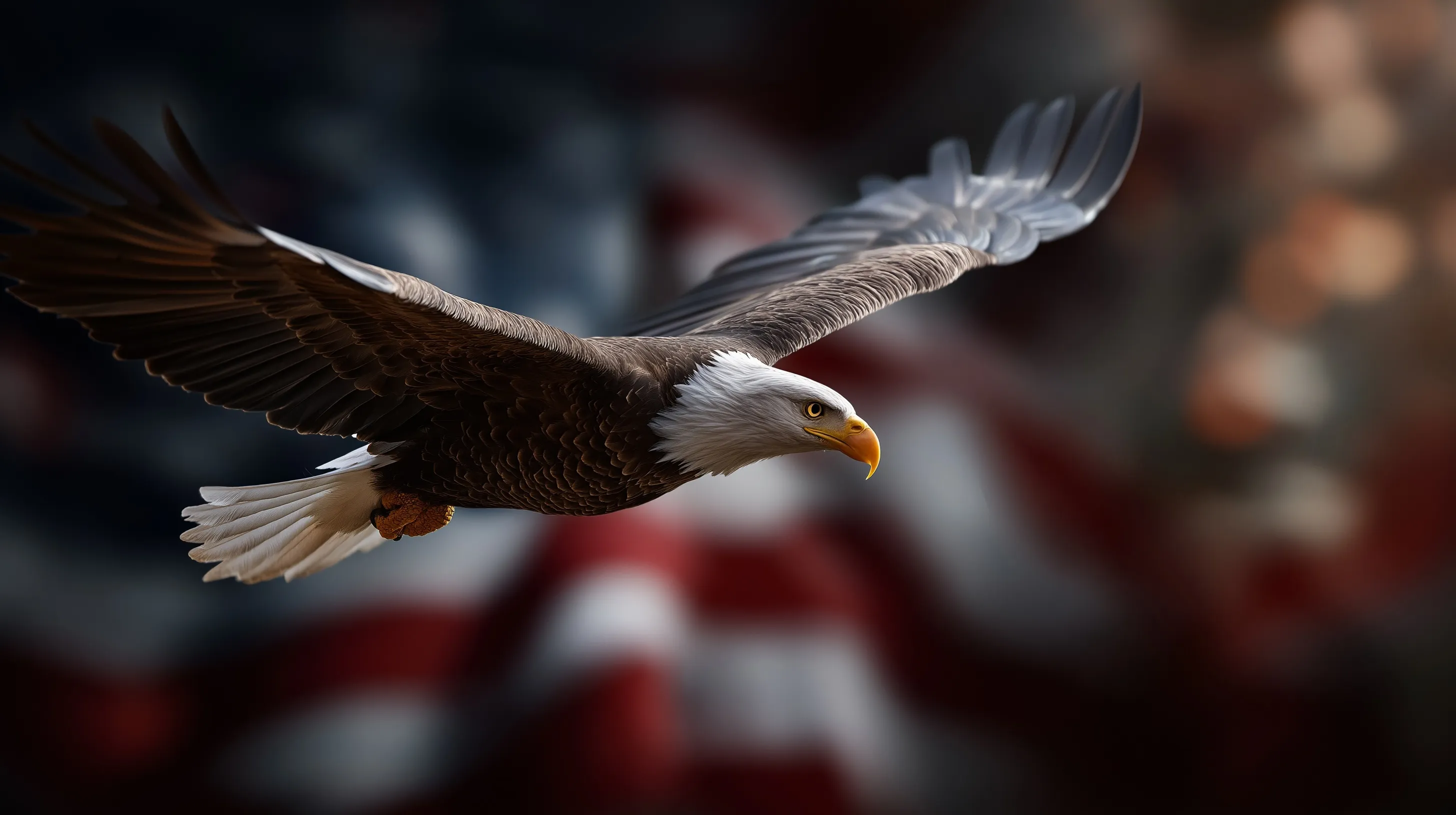 A majestic eagle flying in front of a defocused American flag, symbolizing patriotism and national strength.
