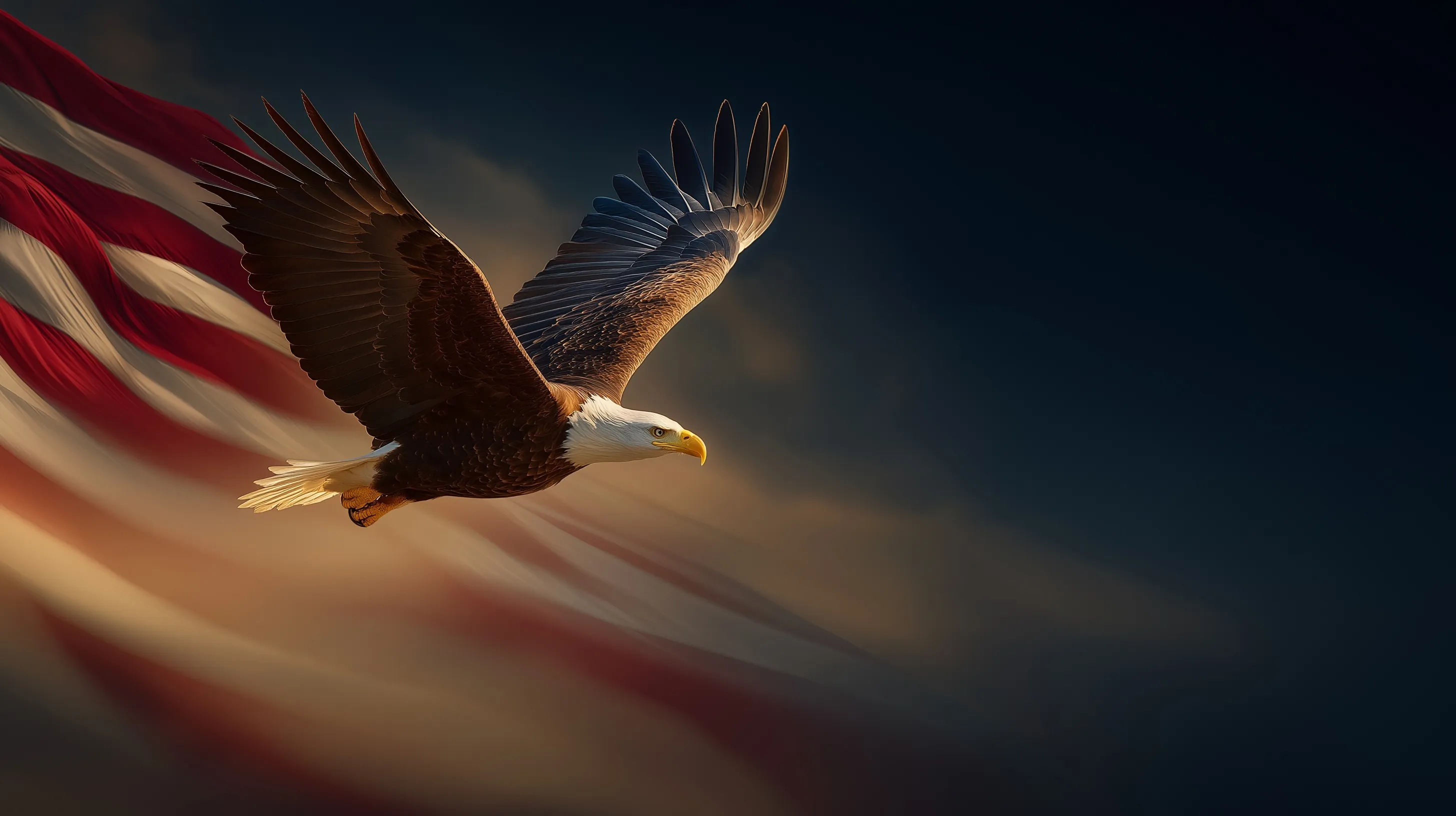 A bald eagle soars past a flowing American flag with cinematic presidential portraits in a golden sky background.