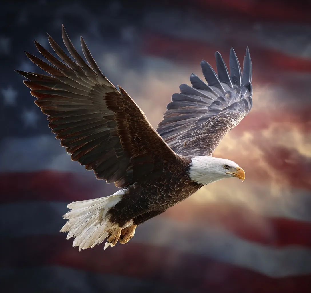 A realistic bald eagle soaring majestically against a waving American flag background.